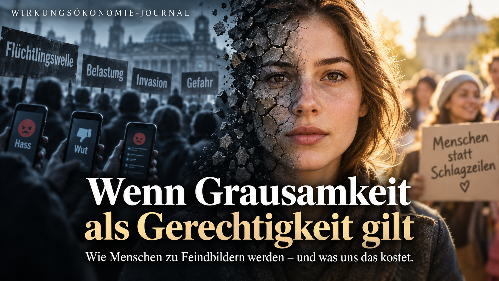 Titelillustration: eine Frau zwischen düsteren Feindbild-Parolen und einer hellen Szene mit dem Schild ‚Menschen statt Schlagzeilen‘. Symbolbild, keine dokumentarische Aufnahme.