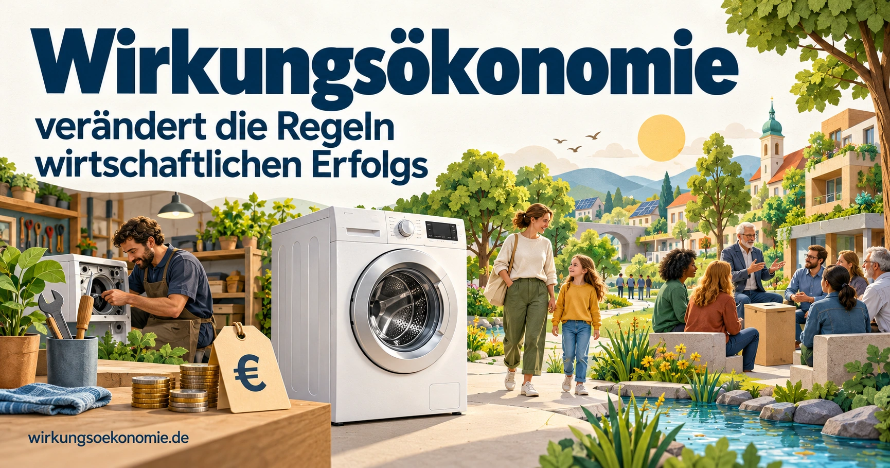 Illustration zur Wirkungsökonomie: eine reparierbare Waschmaschine zwischen Werkstatt, Preis, Familie, Gemeinschaft und nachhaltiger Stadtentwicklung. Symbolbild, keine dokumentarische Aufnahme.