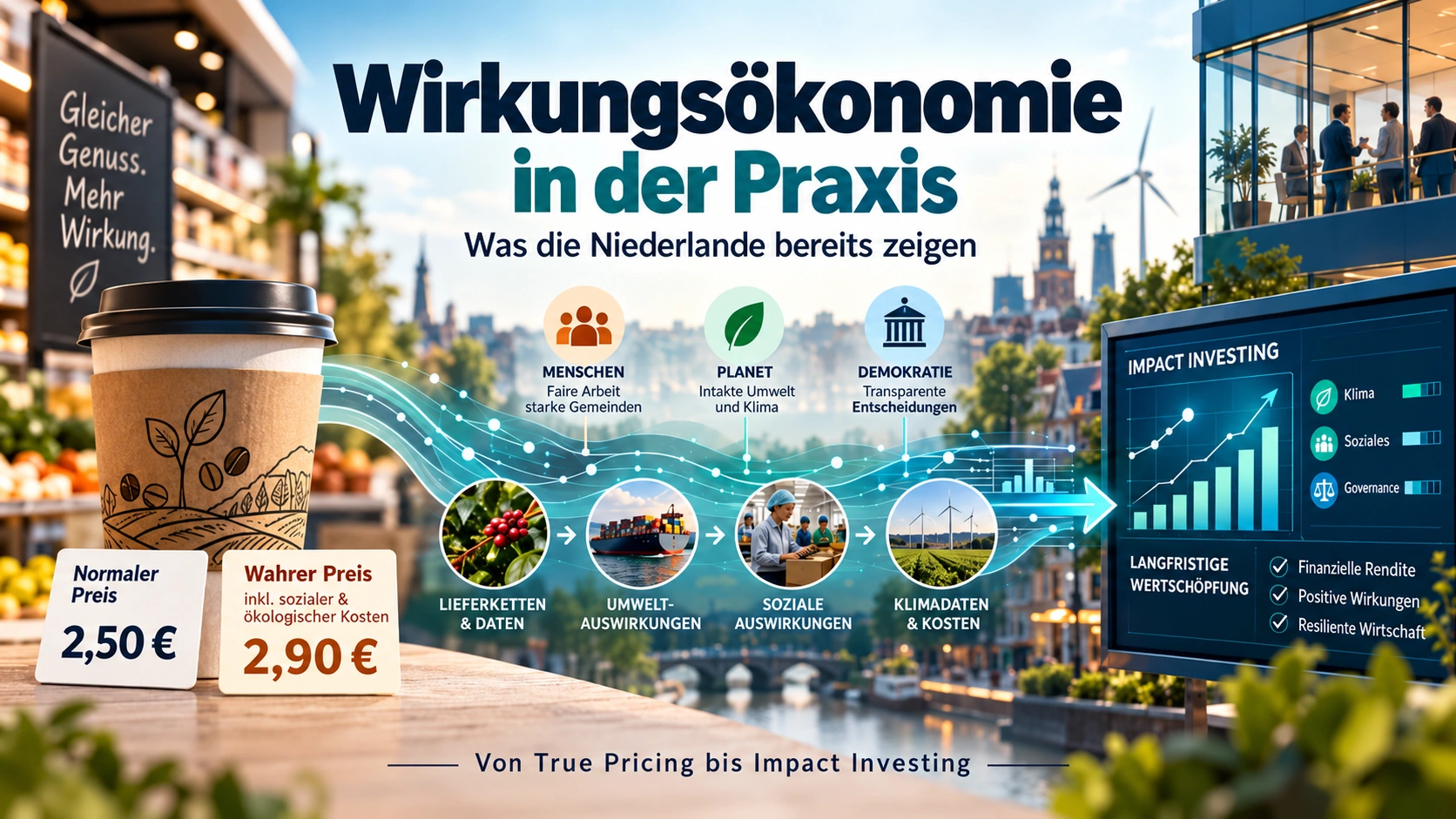 Illustration zur Wirkungsökonomie in den Niederlanden: Cappuccino mit normalem und wahrem Preis, Lieferketten- und Wirkungsdaten sowie Impact Investing vor niederländischer Stadtkulisse. Symbolbild, keine dokumentarische Aufnahme.
