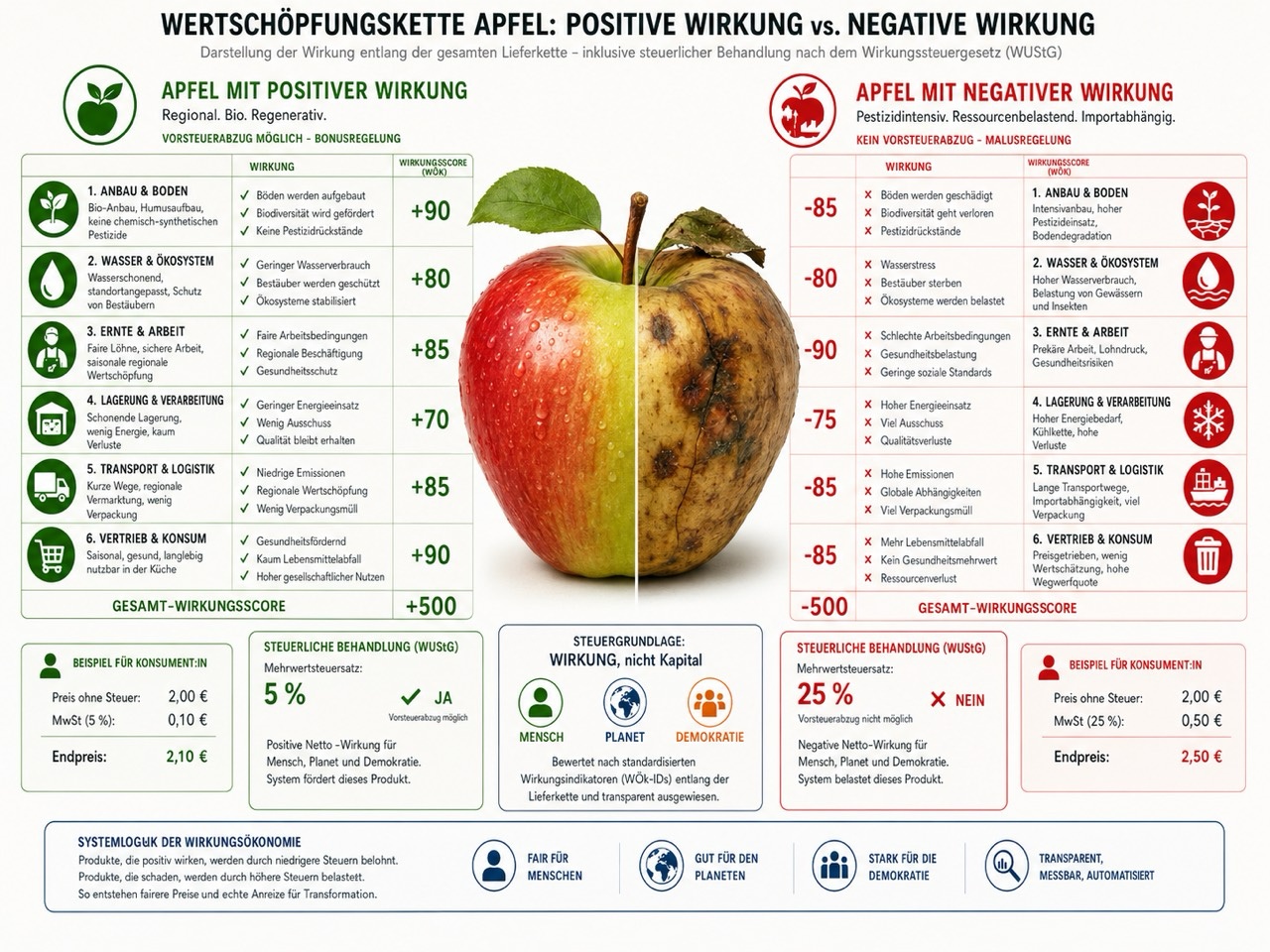 Infografik zur Wertschöpfungskette eines Apfels. Links ein regionaler Bio-Apfel mit positiver Wirkung, rechts ein belastender Import-Apfel mit negativer Wirkung. Die Grafik zeigt Lieferkettenstufen, Wirkungsscores, Steuerbehandlung und Endpreis.