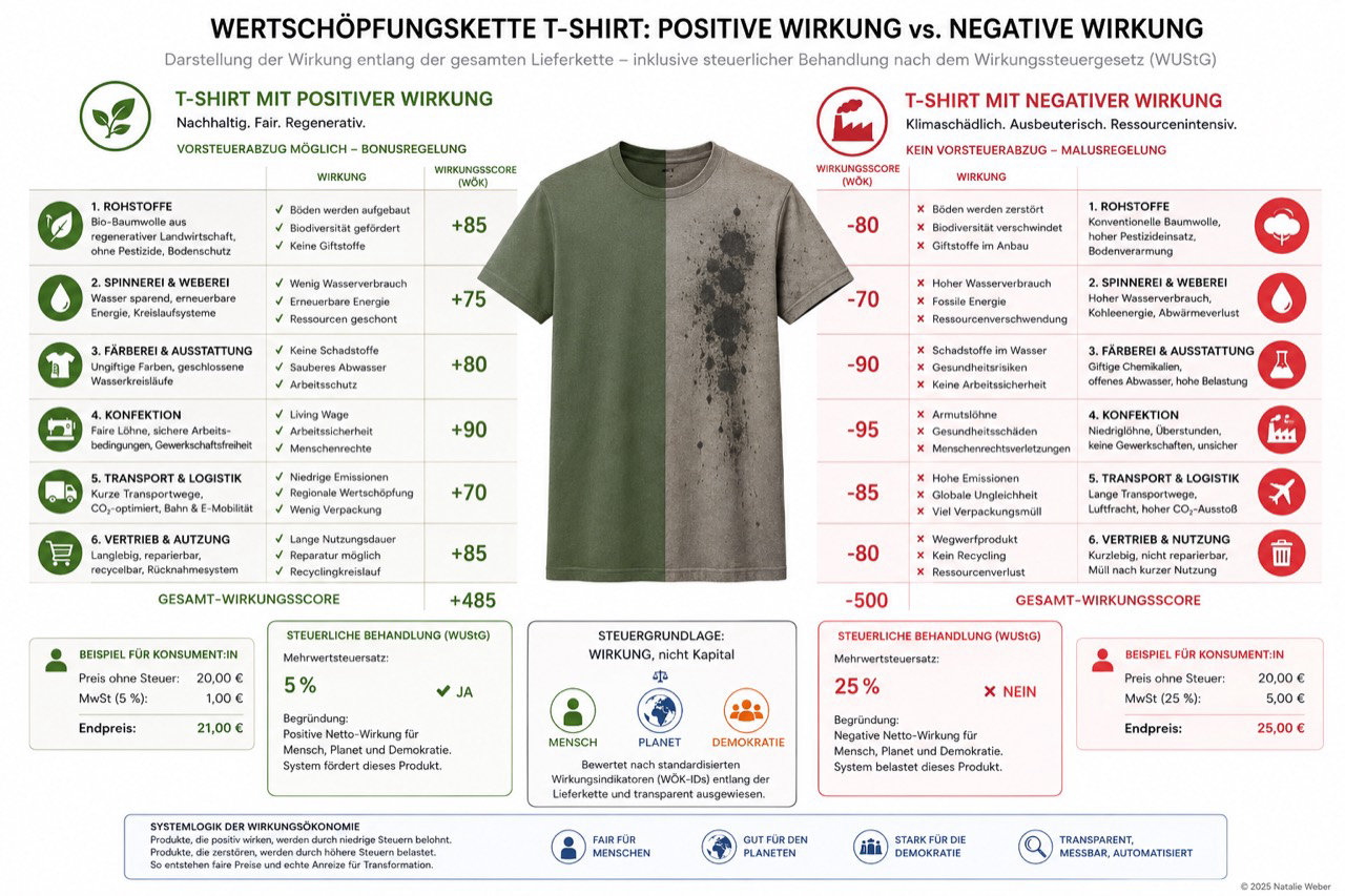 Infografik zur Wertschöpfungskette eines T-Shirts. Links ein fair und nachhaltig produziertes T-Shirt mit positiver Wirkung, rechts ein belastendes Fast-Fashion-T-Shirt mit negativer Wirkung. Die Grafik zeigt Lieferkettenstufen, Wirkungsscores, Vorsteuerlogik und Endpreis.