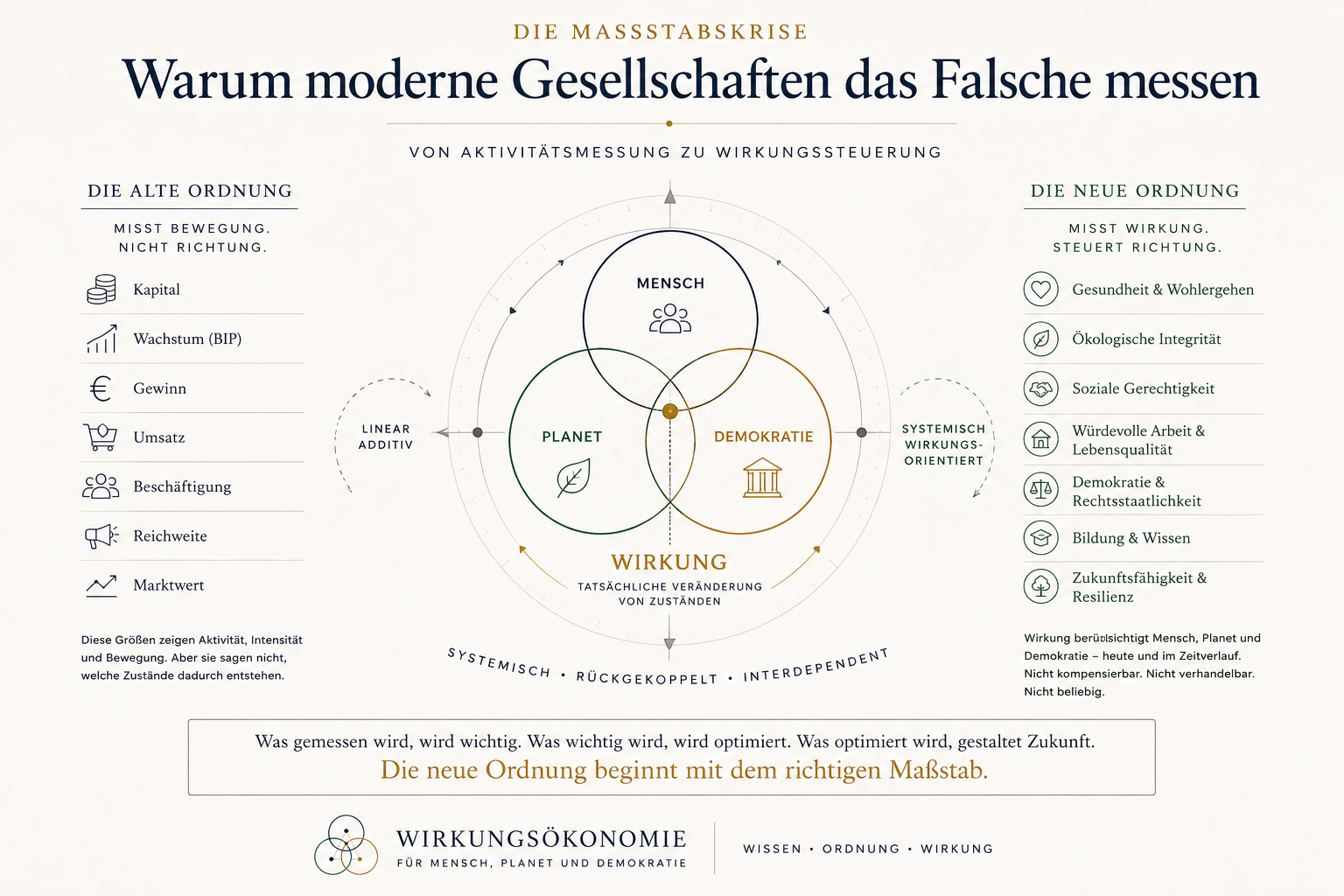 Systemgrafik zur Maßstabskrise: alte Ordnung misst Bewegung, neue Ordnung steuert Wirkung.