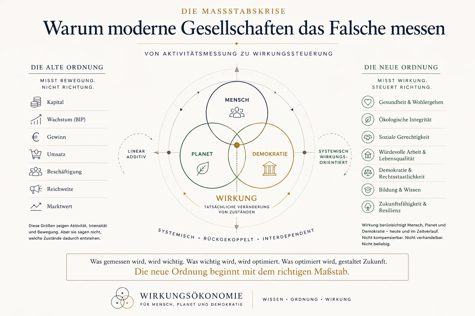 Systemgrafik: Gewinn, Wachstum und Reichweite gelten als Erfolg; die Wirkungsökonomie fragt nach Wirkung.