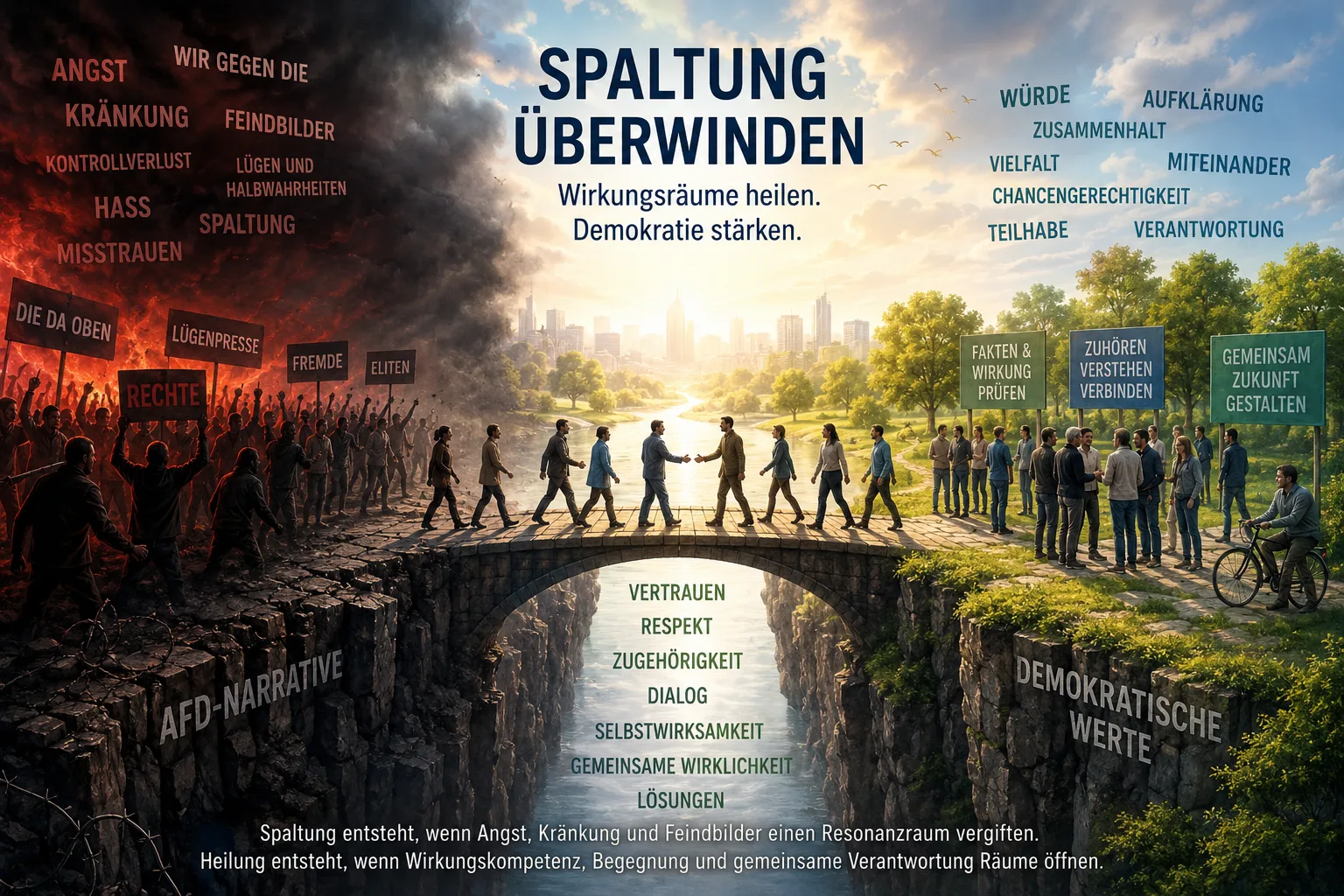Symbolische Brücke zwischen gesellschaftlicher Spaltung und demokratischen Werten: Menschen begegnen sich zwischen dunklen Feindbildern und hellen Räumen für Vertrauen, Dialog und gemeinsame Wirklichkeit.
