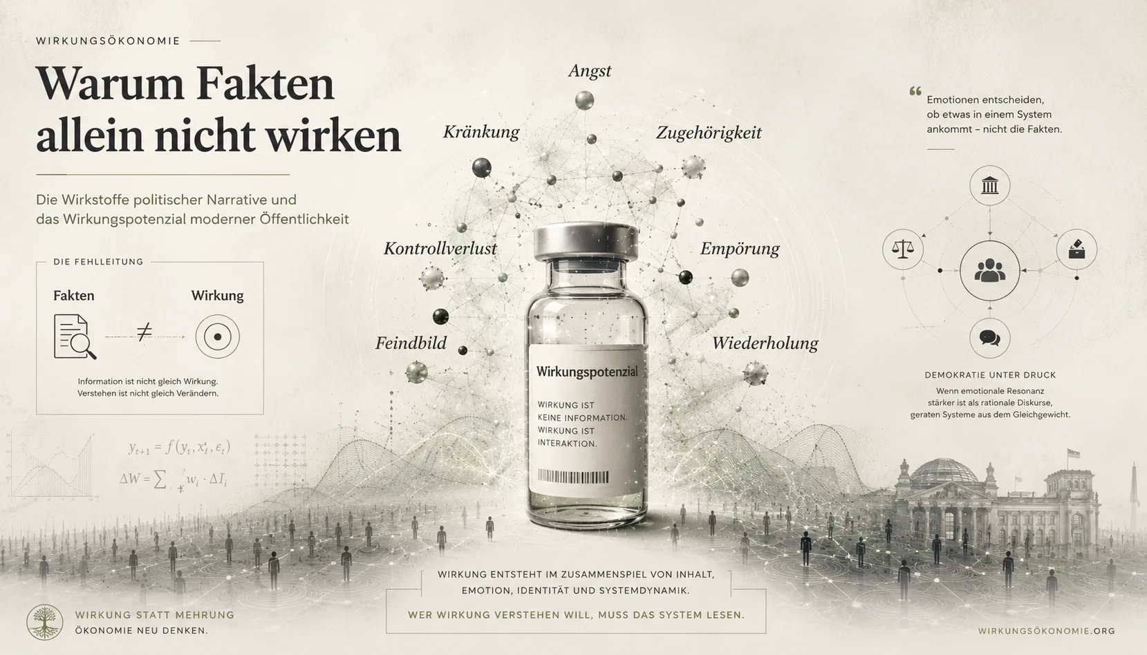 Editoriale Wirkungsökonomie-Grafik: Fakten sind nicht gleich Wirkung, politische Narrative enthalten Wirkstoffe wie Angst, Kränkung, Zugehörigkeit, Empörung und Wiederholung.