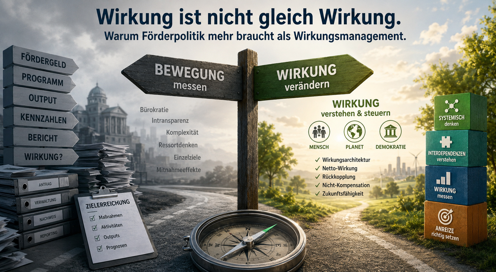 Wegweiser zwischen Bewegung messen und Wirkung verändern: Fördergeld, Programme, Output und Berichte stehen einer systemischen Wirkungsarchitektur gegenüber.