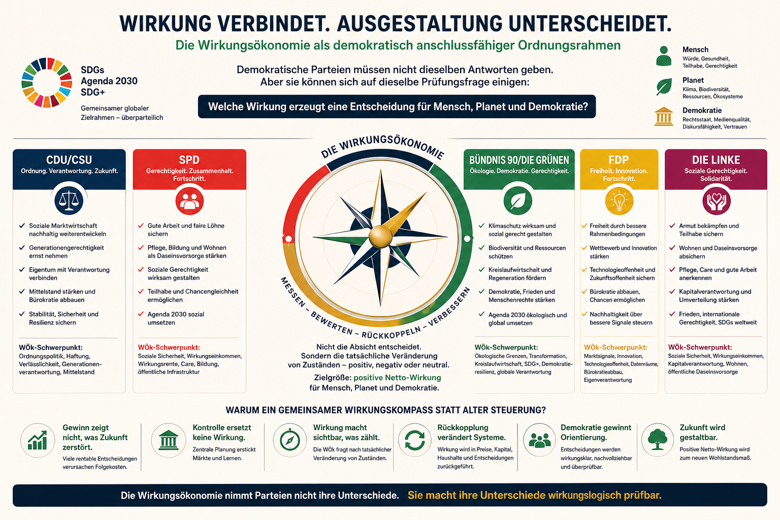 Infografik zur Wirkungsökonomie als demokratisch anschlussfähigem Ordnungsrahmen mit Parteienperspektiven, SDGs, SDG+ und einem gemeinsamen Wirkungskompass.