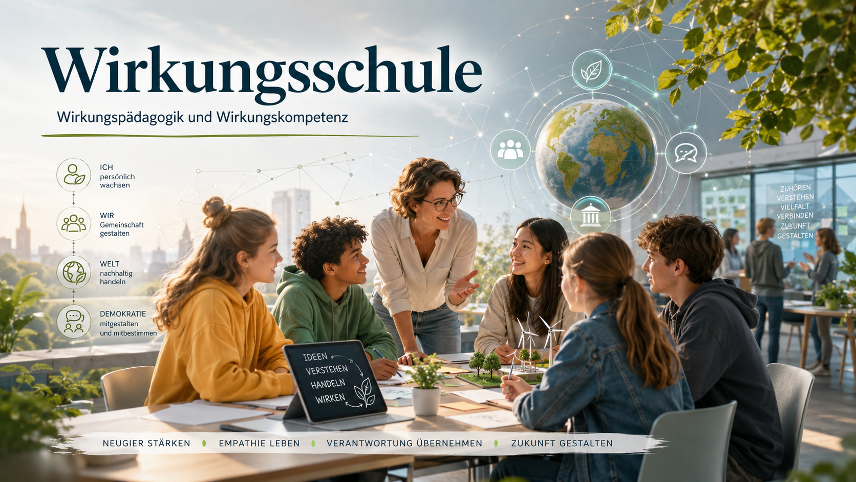 Wirkungsschule: Jugendliche arbeiten mit einer Lehrerin an einem Zukunftsprojekt, mit Symbolen für Ich, Wir, Welt und Demokratie.
