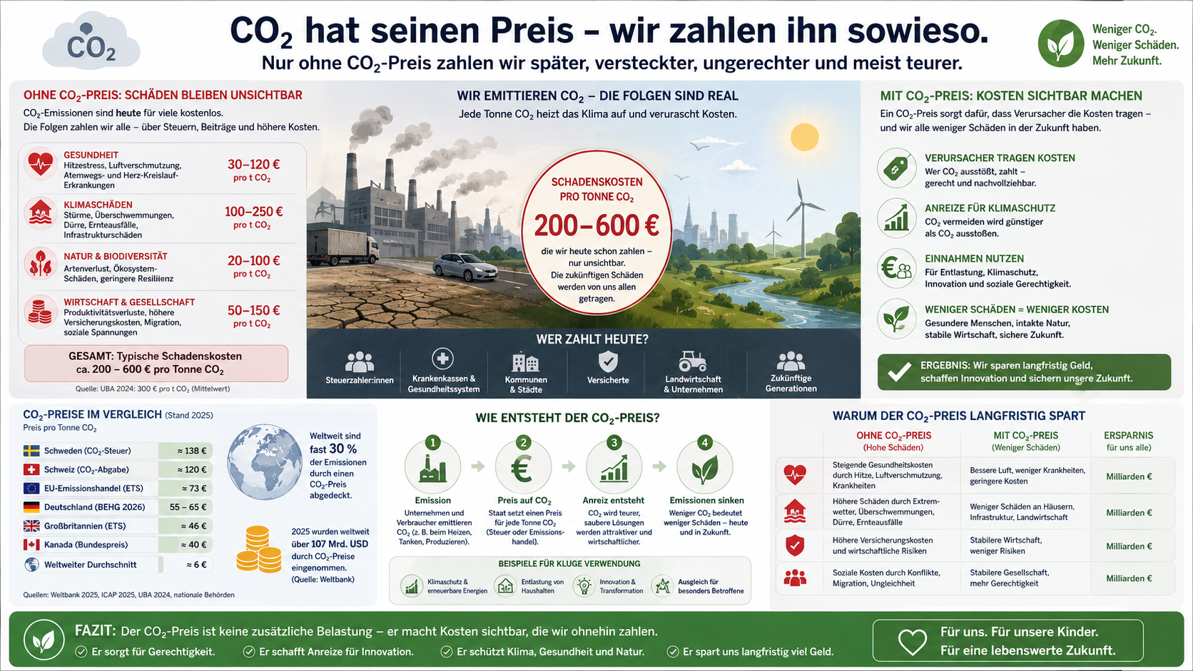 Infografik zum CO₂-Preis: Ohne CO₂-Preis bleiben Klimaschäden unsichtbar; mit CO₂-Preis werden Kosten, Anreize und langfristige Einsparungen sichtbar.