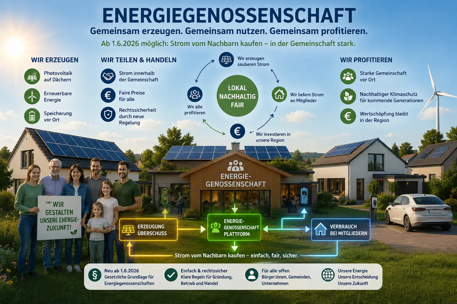Infografik zu Energiegenossenschaften, Energy Sharing und Strom vom Nachbarn.