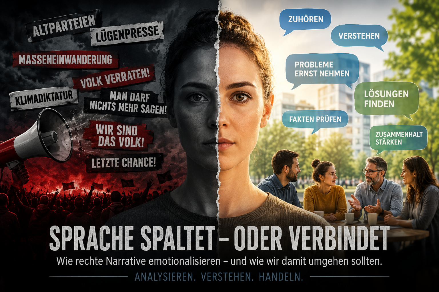 Geteiltes Titelbild: links eskalierende politische Schlagworte, rechts demokratische Gesprächssituationen mit Zuhören, Verstehen und Lösungen finden.