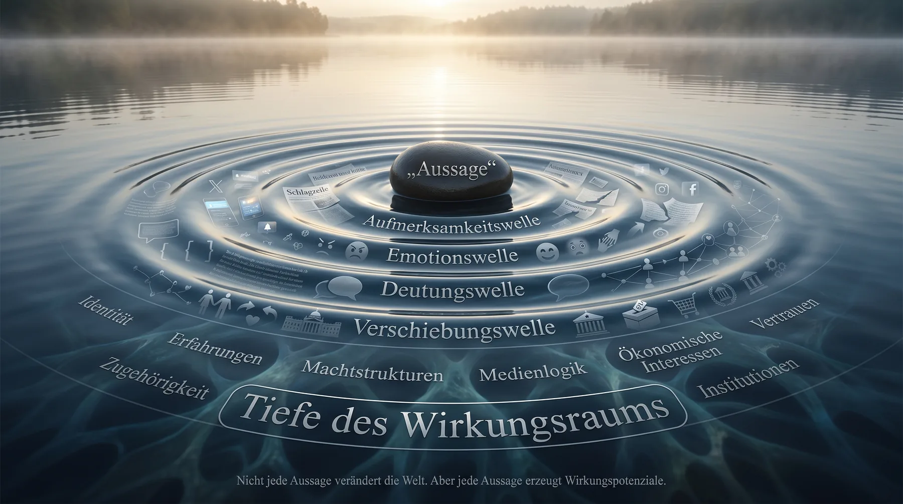 Wellen auf einer Wasseroberfläche als Modell für Aufmerksamkeit, Emotion, Deutung, Resonanz und Verschiebung im öffentlichen Wirkungsraum.