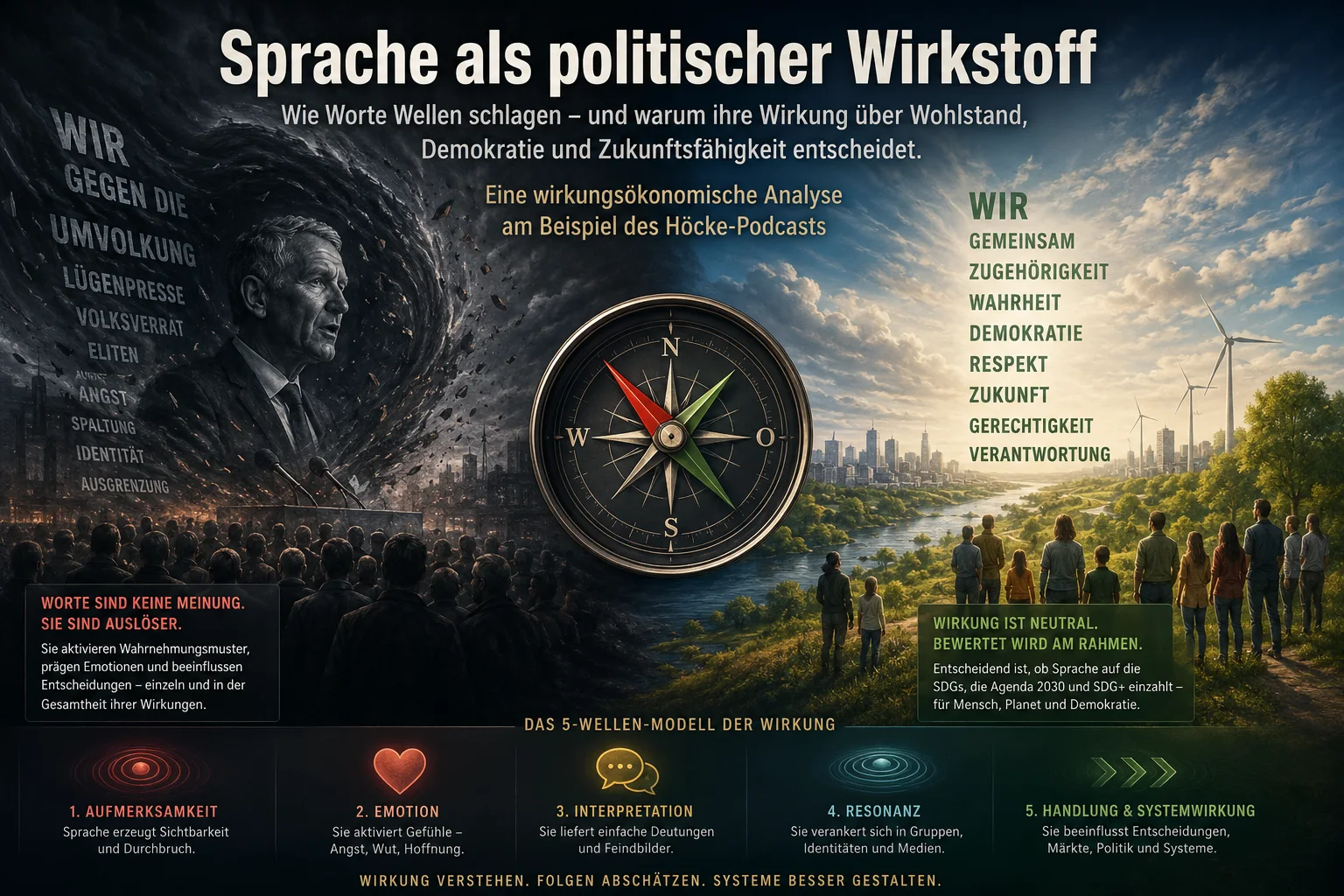Kompass zwischen dunkler politischer Sprache und heller demokratischer Zukunft als Visualisierung von Sprache als politischem Wirkstoff.