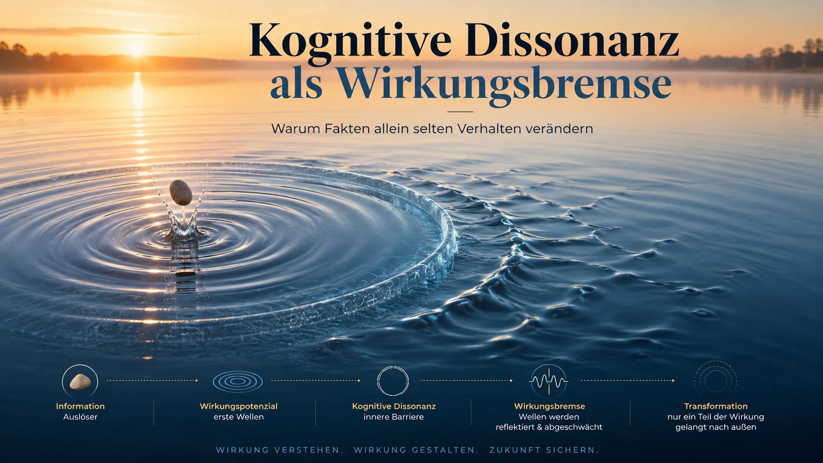 Kognitive Dissonanz als Wirkungsbremse visualisiert als Wellen, die an einer Barriere gebremst werden.