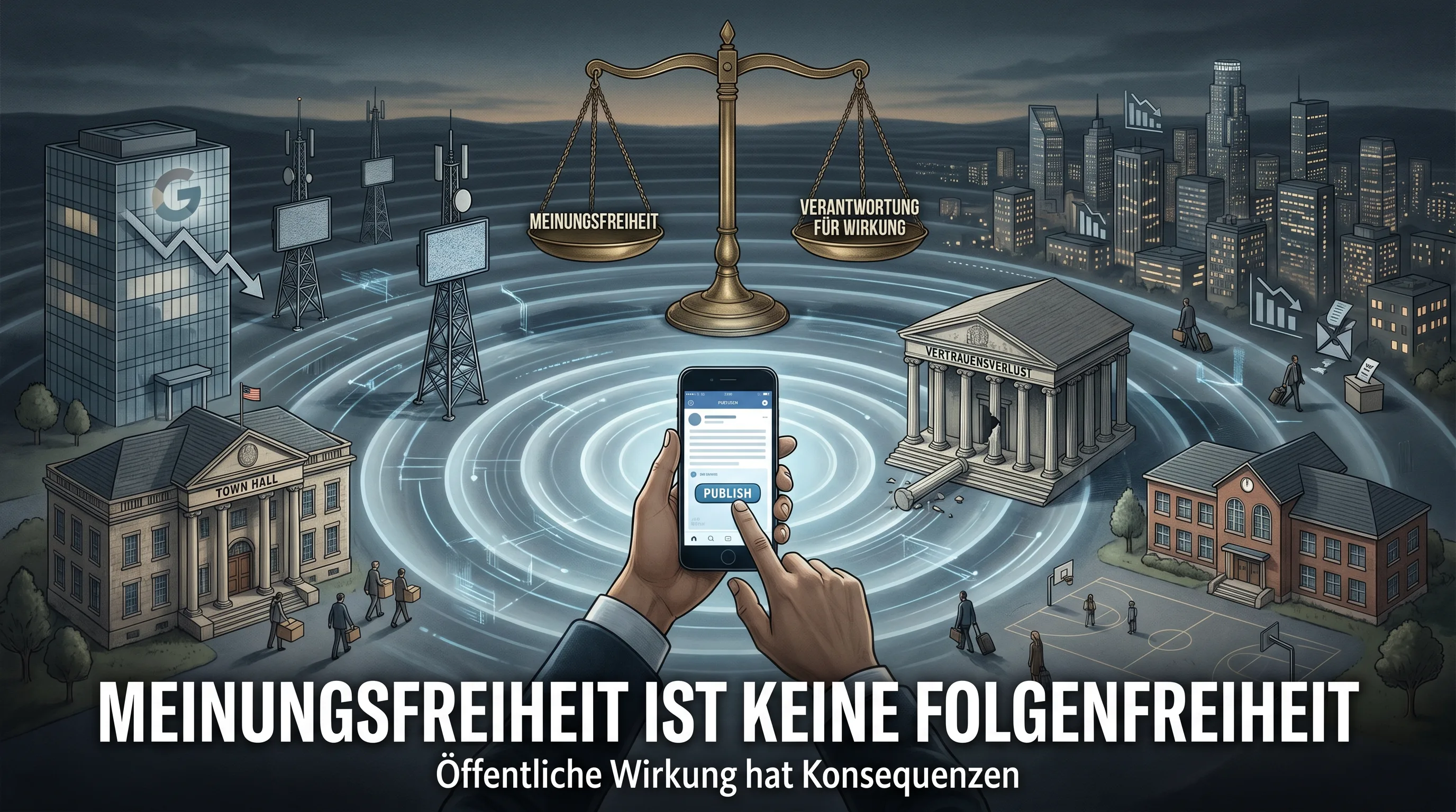 Illustration einer Waage zwischen Meinungsfreiheit und Verantwortung für Wirkung, mit öffentlicher Kommunikation, Rathaus, Gericht und Stadt im Hintergrund.