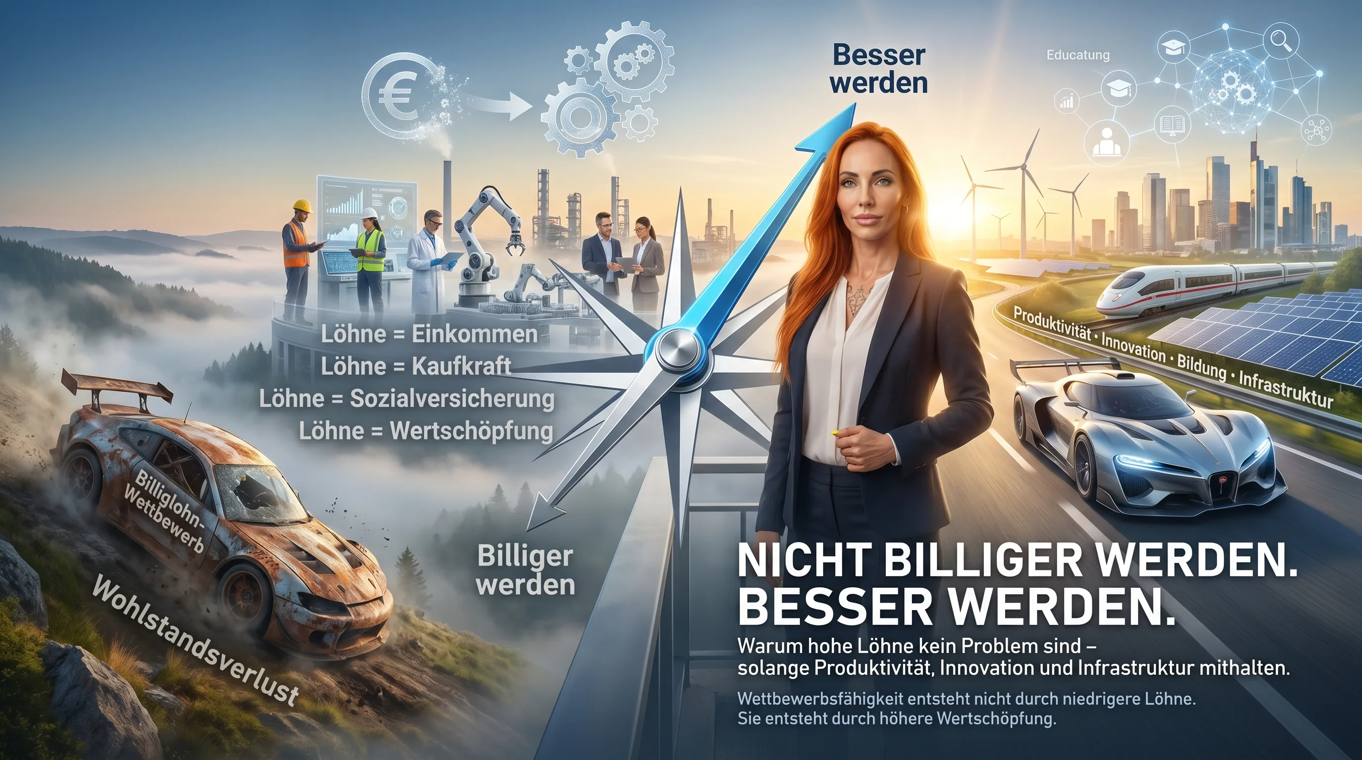 Illustration zu Lohnkosten, Produktivität, Innovation und Infrastruktur mit Kompass zwischen billiger werden und besser werden.
