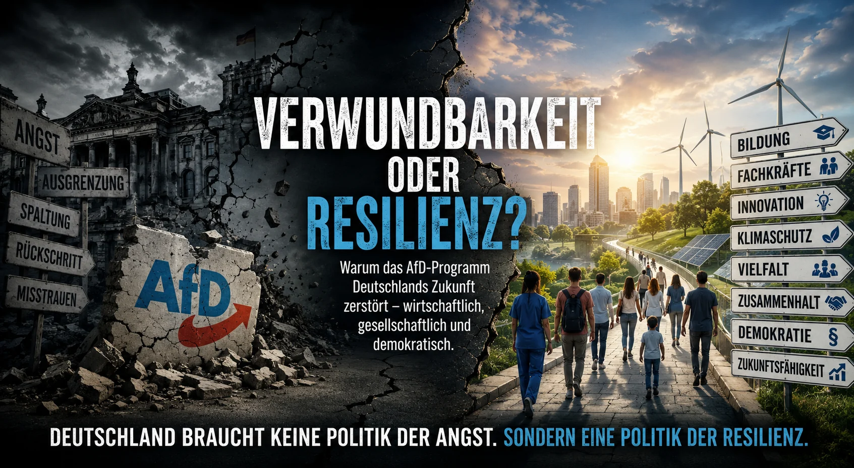Illustration zur Frage Verwundbarkeit oder Resilienz mit AfD-Logo, beschädigter politischer Landschaft und resilienter Zukunftsinfrastruktur.