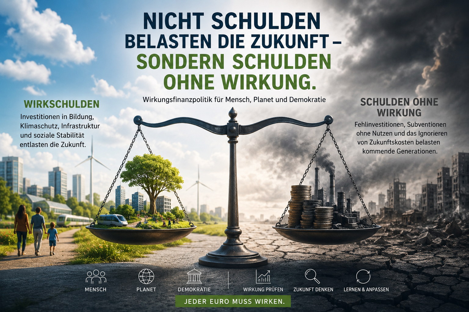 Waage der Wirkungsfinanzpolitik: Wirkschulden und Schulden ohne Wirkung im Vergleich.