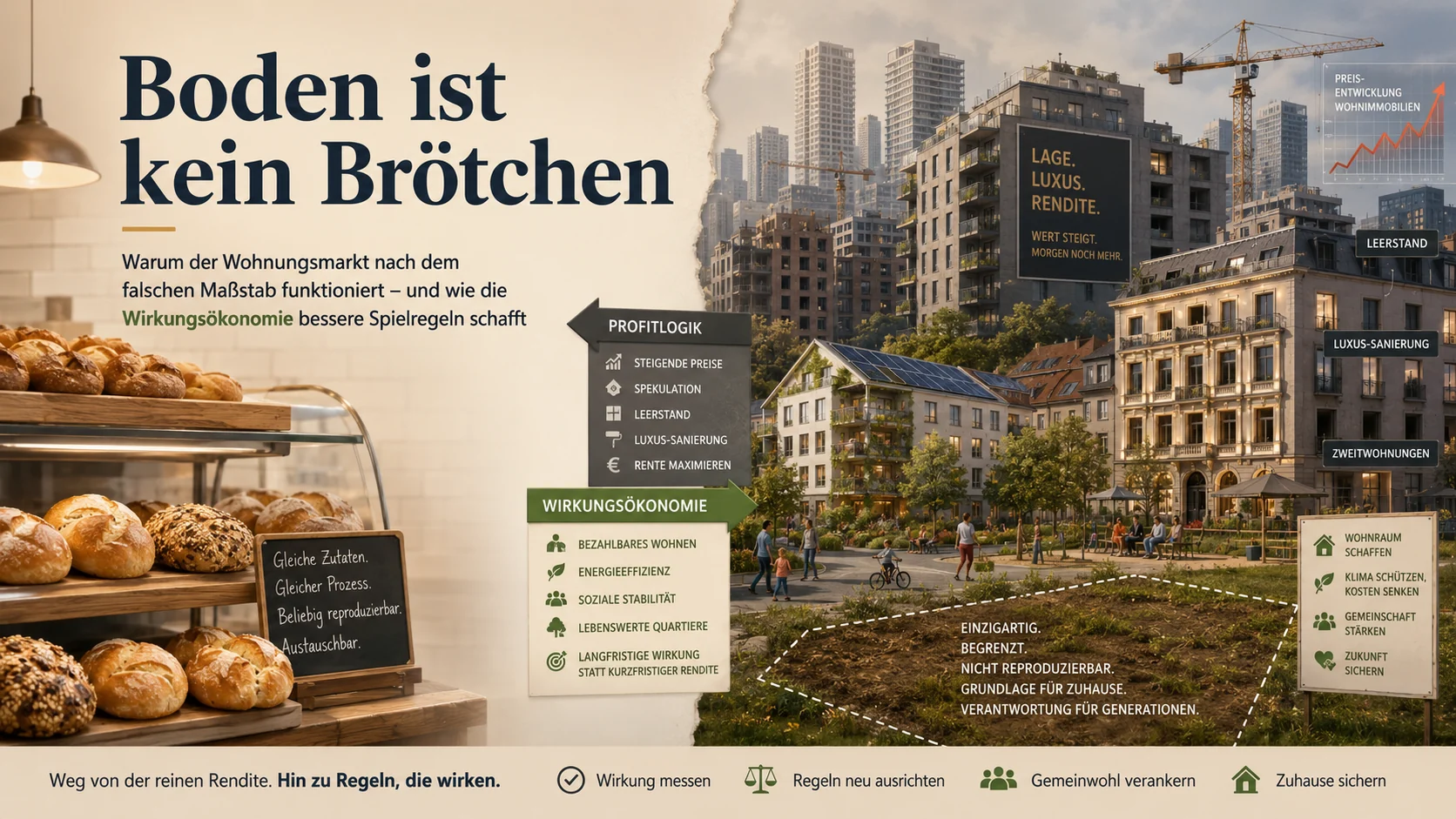 Boden ist kein Brötchen: geteilte Bildwelt mit Bäckerei, Stadtentwicklung, Bodenspekulation und wirkungsökonomischen Regeln für bezahlbares Wohnen.