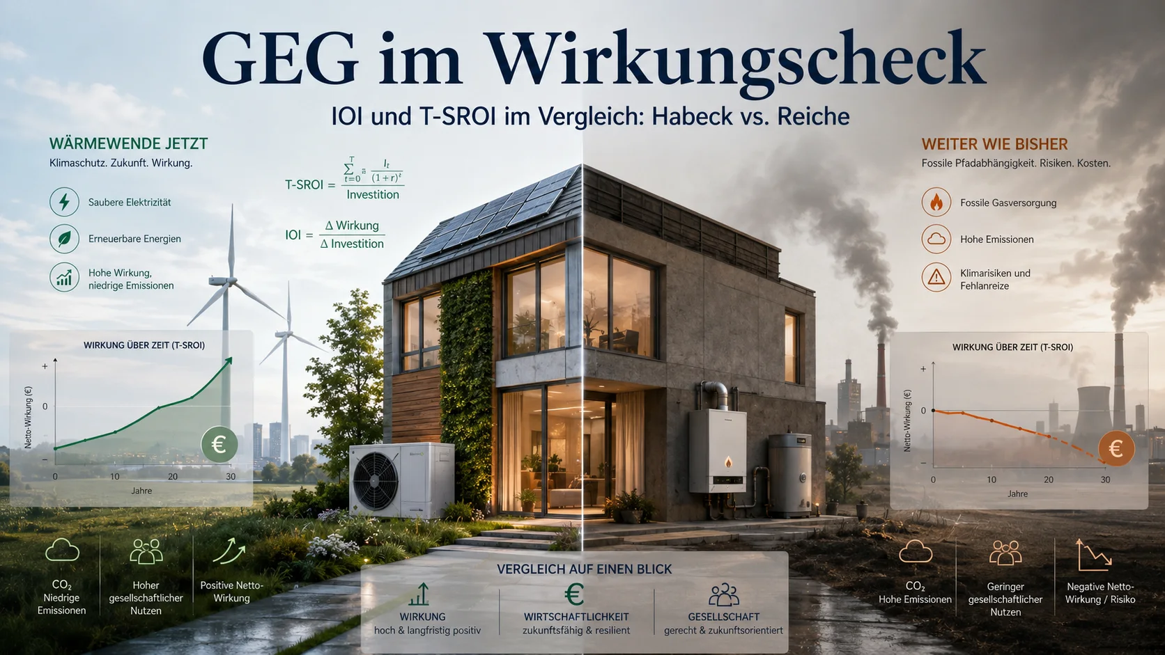 GEG im Wirkungscheck: geteiltes Haus mit Wärmepumpe, erneuerbaren Energien, Gasheizung, fossilen Risiken sowie IOI- und T-SROI-Wirkungsbilanz.