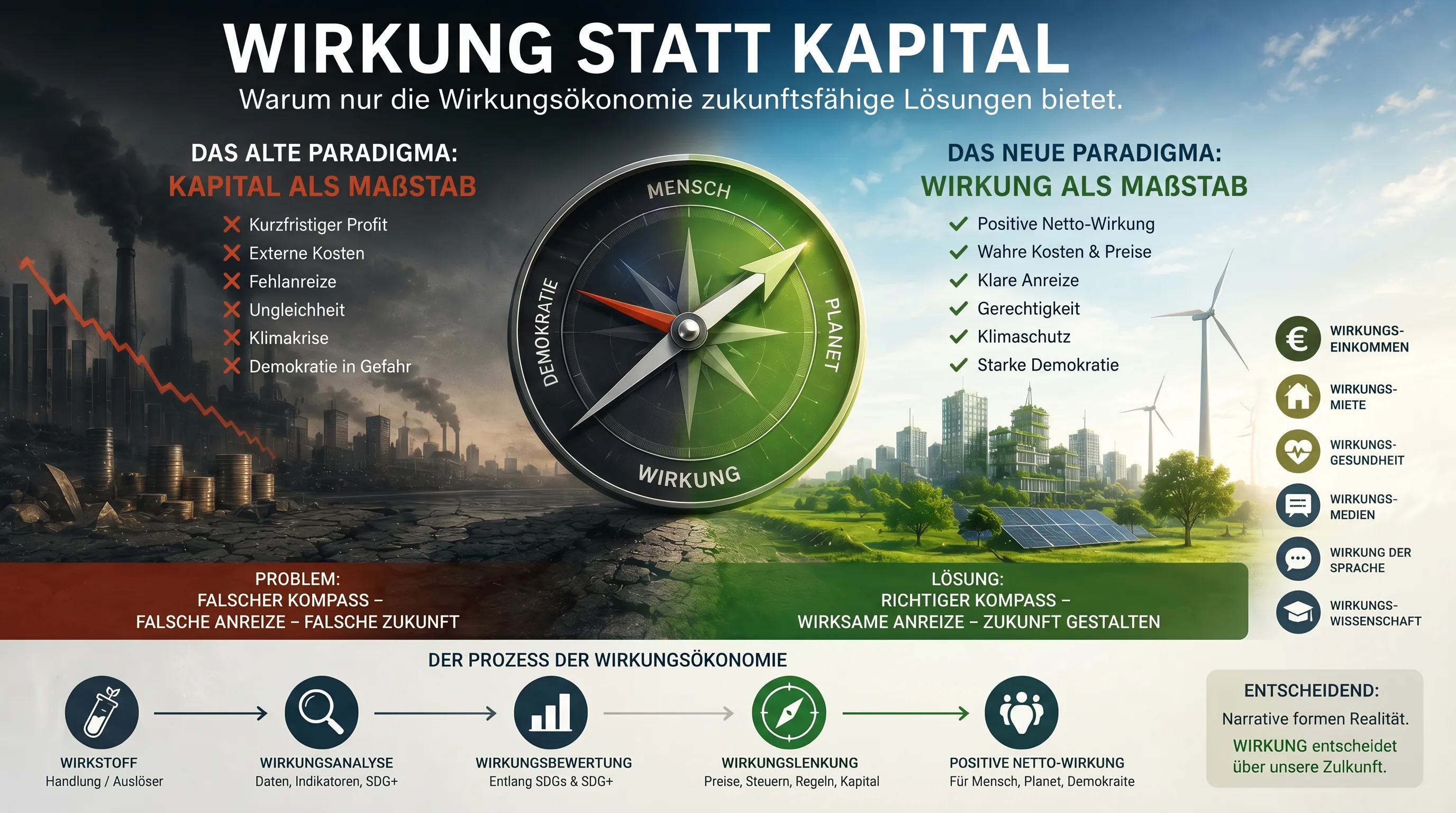 Wirkung statt Kapital: ein Kompass richtet Wirtschaft an Mensch, Planet und Demokratie aus; links das alte Kapitalparadigma, rechts das Wirkungsparadigma.