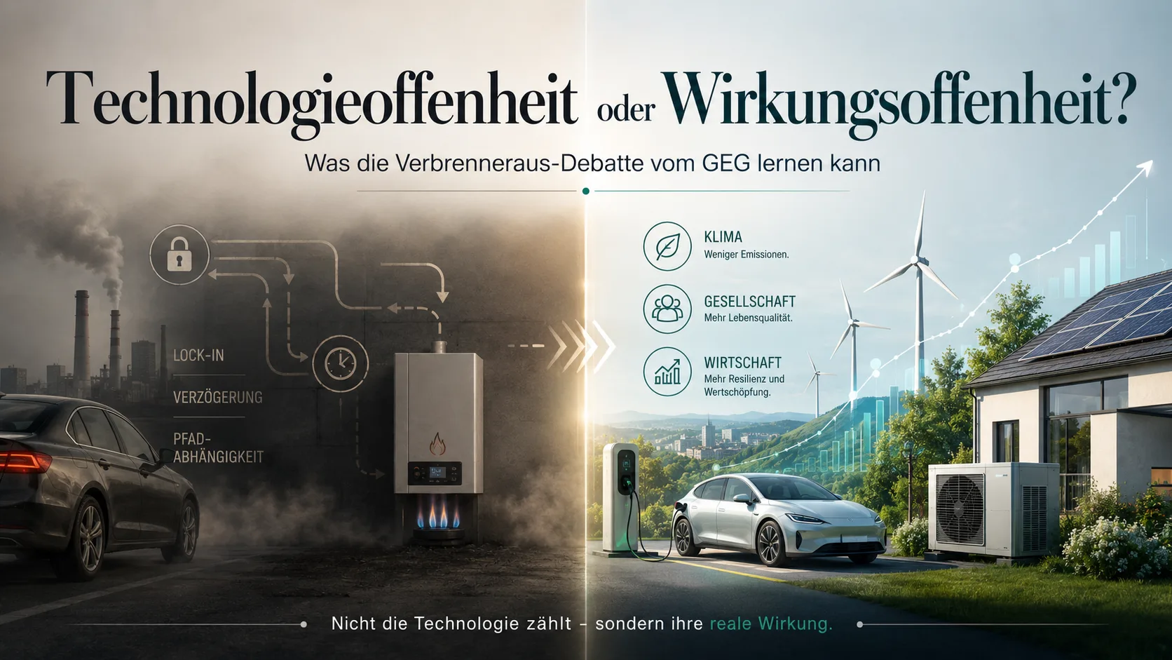 Technologieoffenheit oder Wirkungsoffenheit: geteilte Bildwelt mit fossilem Lock-in, Gasheizung, Verbrenner, erneuerbaren Energien, Elektroauto und Wärmepumpe.