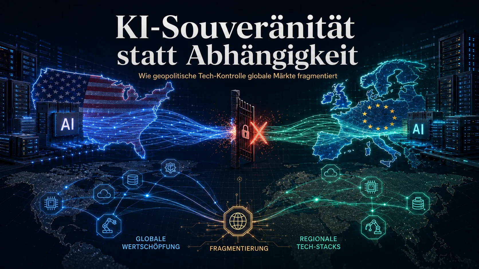 KI-Souveränität statt Abhängigkeit: USA und Europa mit KI-Infrastruktur, blockiertem Datenfluss, globaler Wertschöpfung, Fragmentierung und regionalen Tech-Stacks.