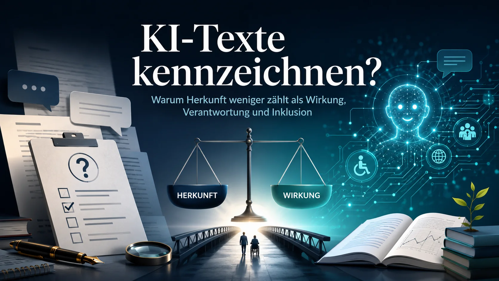 KI-Texte kennzeichnen: eine Waage zwischen Herkunft und Wirkung, Dokumente, KI-Figur, Inklusionssymbole und offene Wissensbücher.