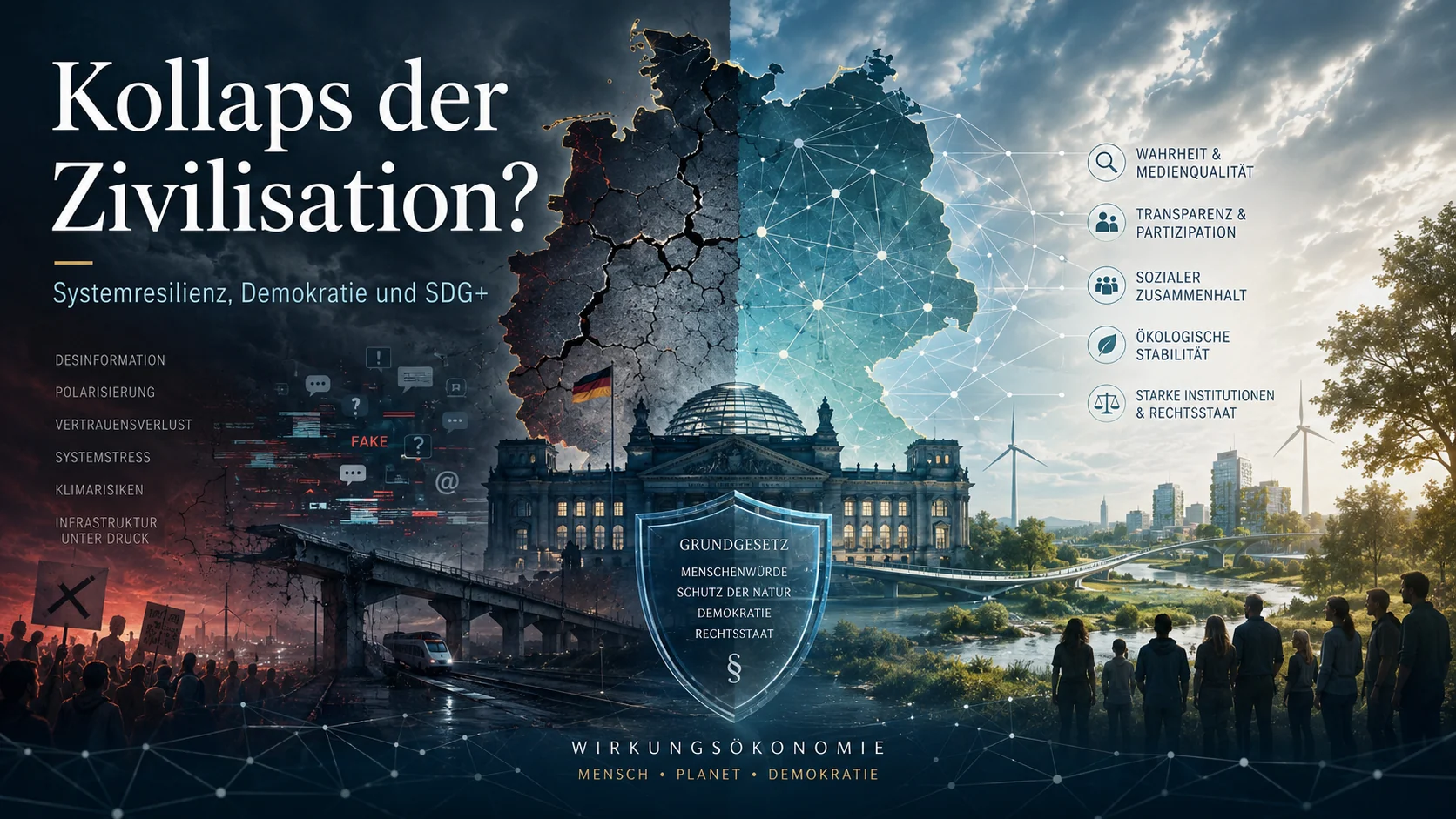 Kollaps der Zivilisation: Deutschland zwischen Systemstress und Systemresilienz, mit Grundgesetz, Demokratie, Medienqualität, Transparenz, sozialem Zusammenhalt und ökologischer Stabilität.