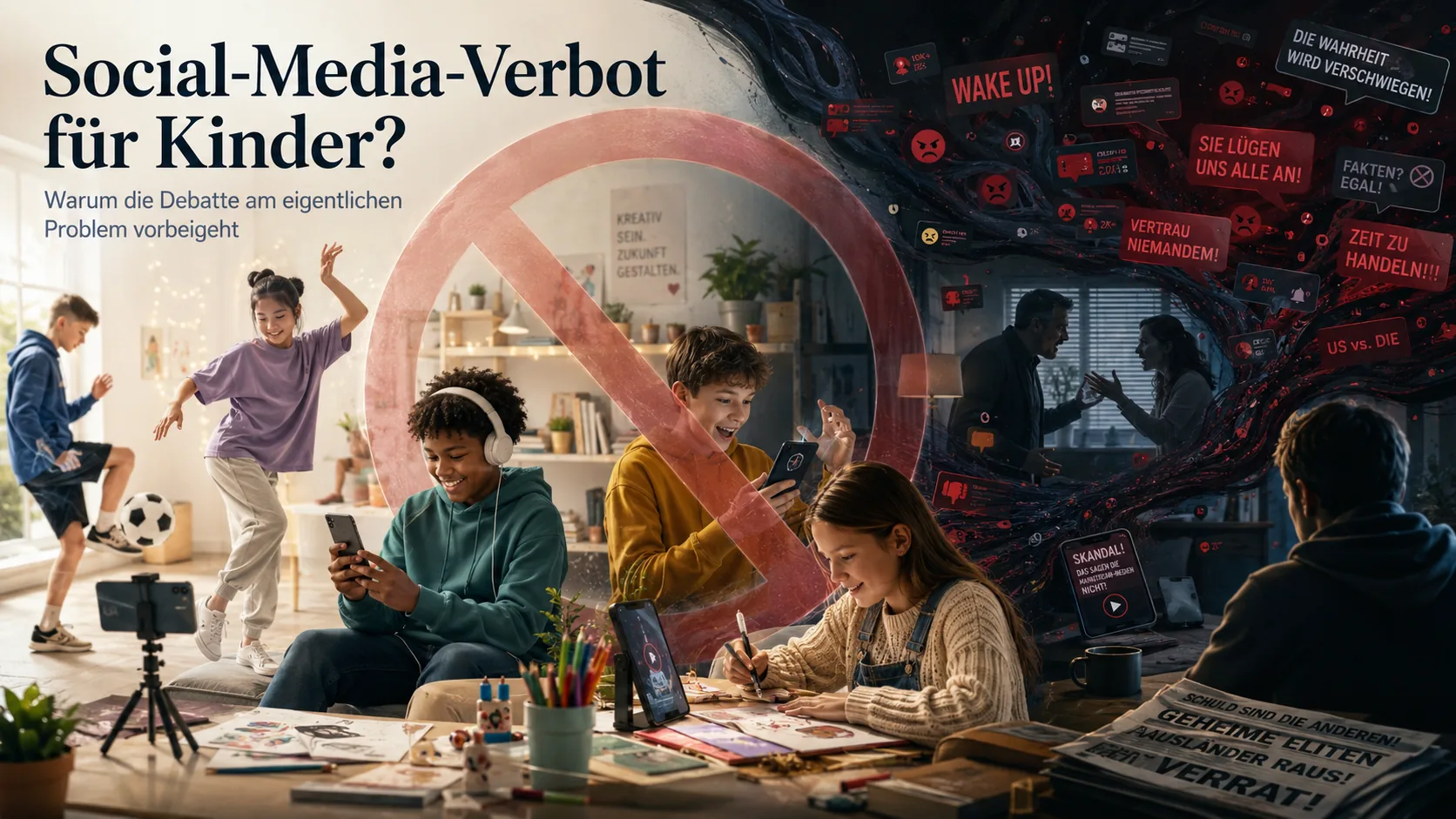 Social-Media-Verbot für Kinder: Kinder nutzen kreative digitale Räume, daneben ein dunkler Strom aus Hass, Desinformation und Empörungsframes.