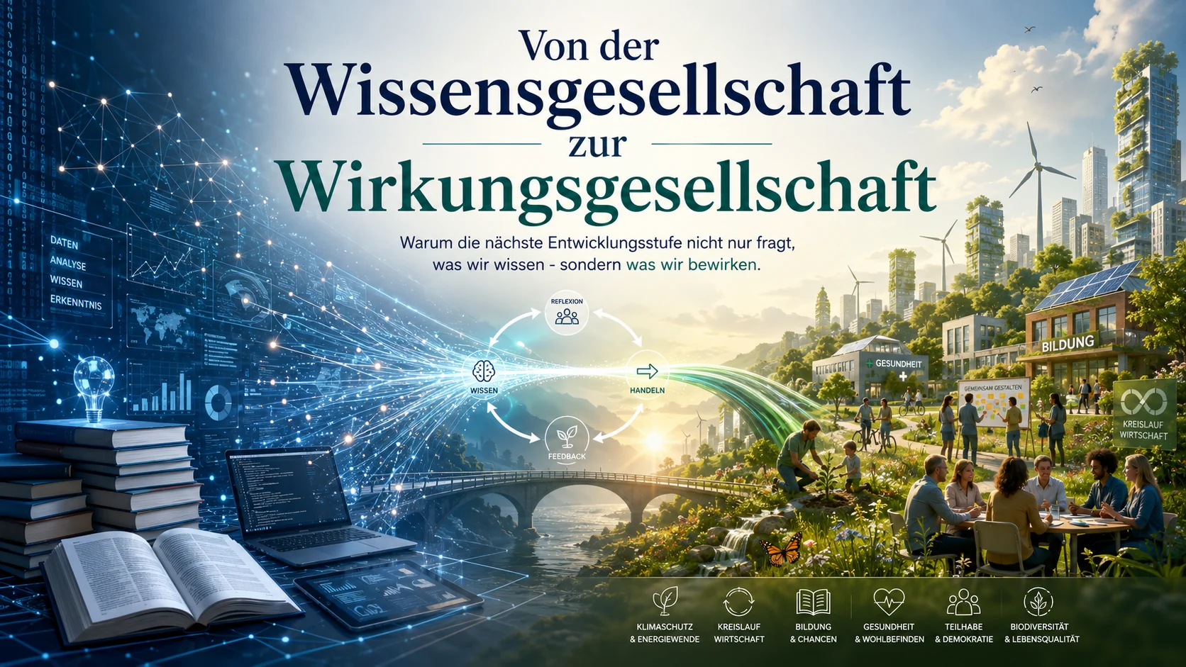 Illustration des Übergangs von der Wissensgesellschaft zur Wirkungsgesellschaft: Daten, Bücher und digitale Netzwerke gehen in sichtbare gesellschaftliche Wirkung für Bildung, Gesundheit, Demokratie, Klima und Lebensqualität über.