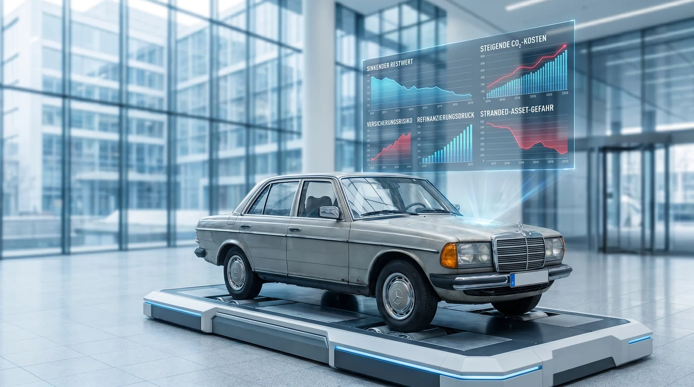 Ein älterer Verbrenner auf einem Prüfstand vor Risikodashboards zu sinkendem Restwert, steigenden CO2-Kosten, Versicherungsrisiko, Refinanzierungsdruck und Stranded-Asset-Gefahr.