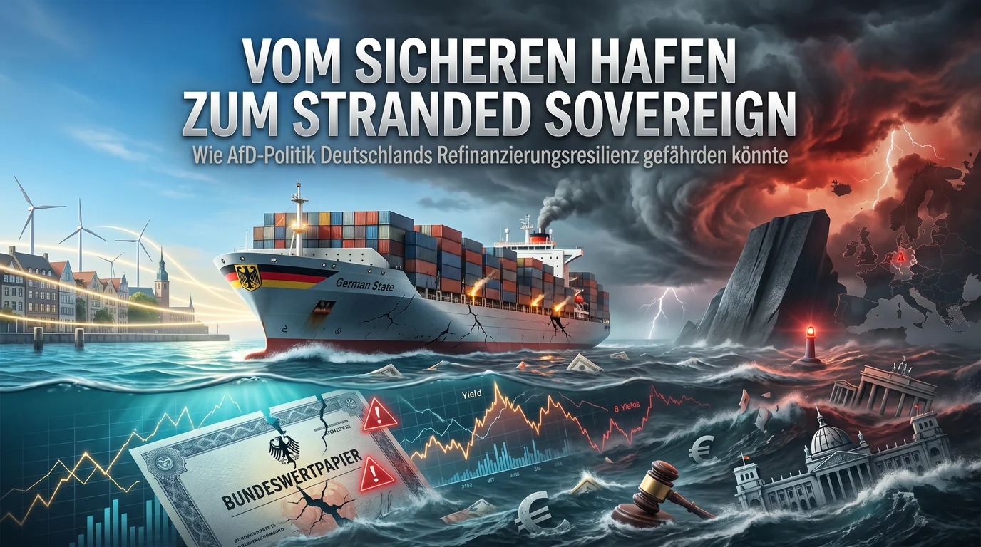 Ein deutscher Frachter verlässt einen sicheren Hafen in einen Sturm; Bundeswertpapiere, Renditekurven, Euro-Symbole und europäische Institutionen stehen für Refinanzierungsrisiken.