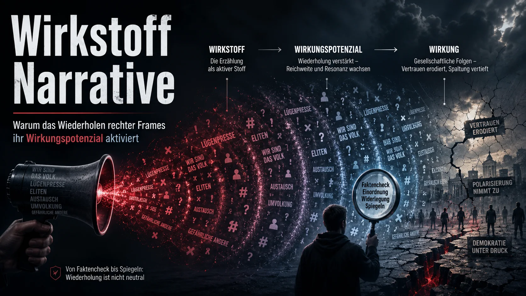 Dunkles Titelbild zu Wirkstoff Narrative: rechte Frames werden als kommunikativer Wirkstoff wiederholt, verstärkt und können Vertrauen sowie Demokratie belasten.