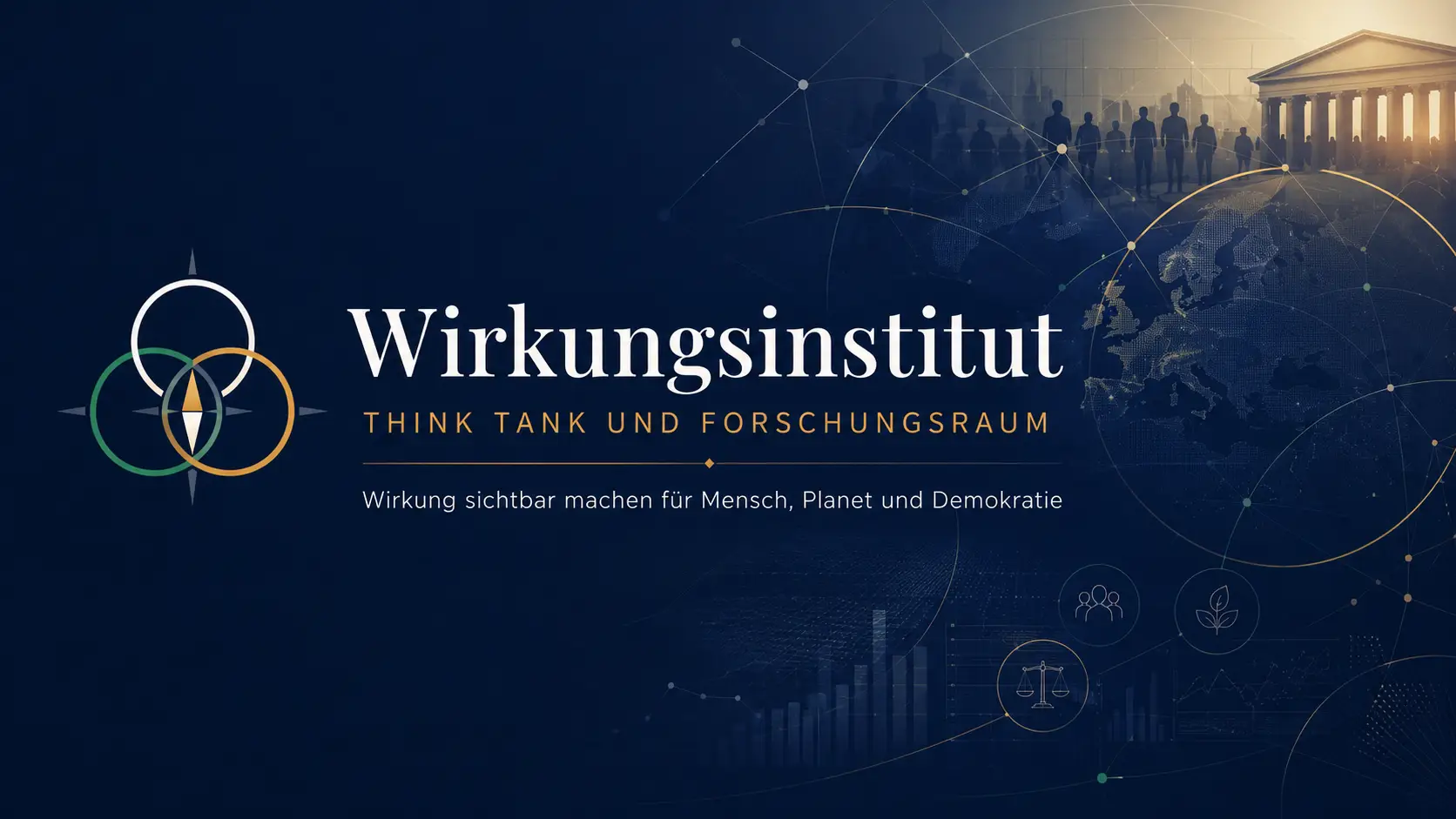 Titelbild des Wirkungsinstituts mit Kompass-Signet, europäischer Karte, institutioneller Architektur und vernetzten Wirkungspfaden.