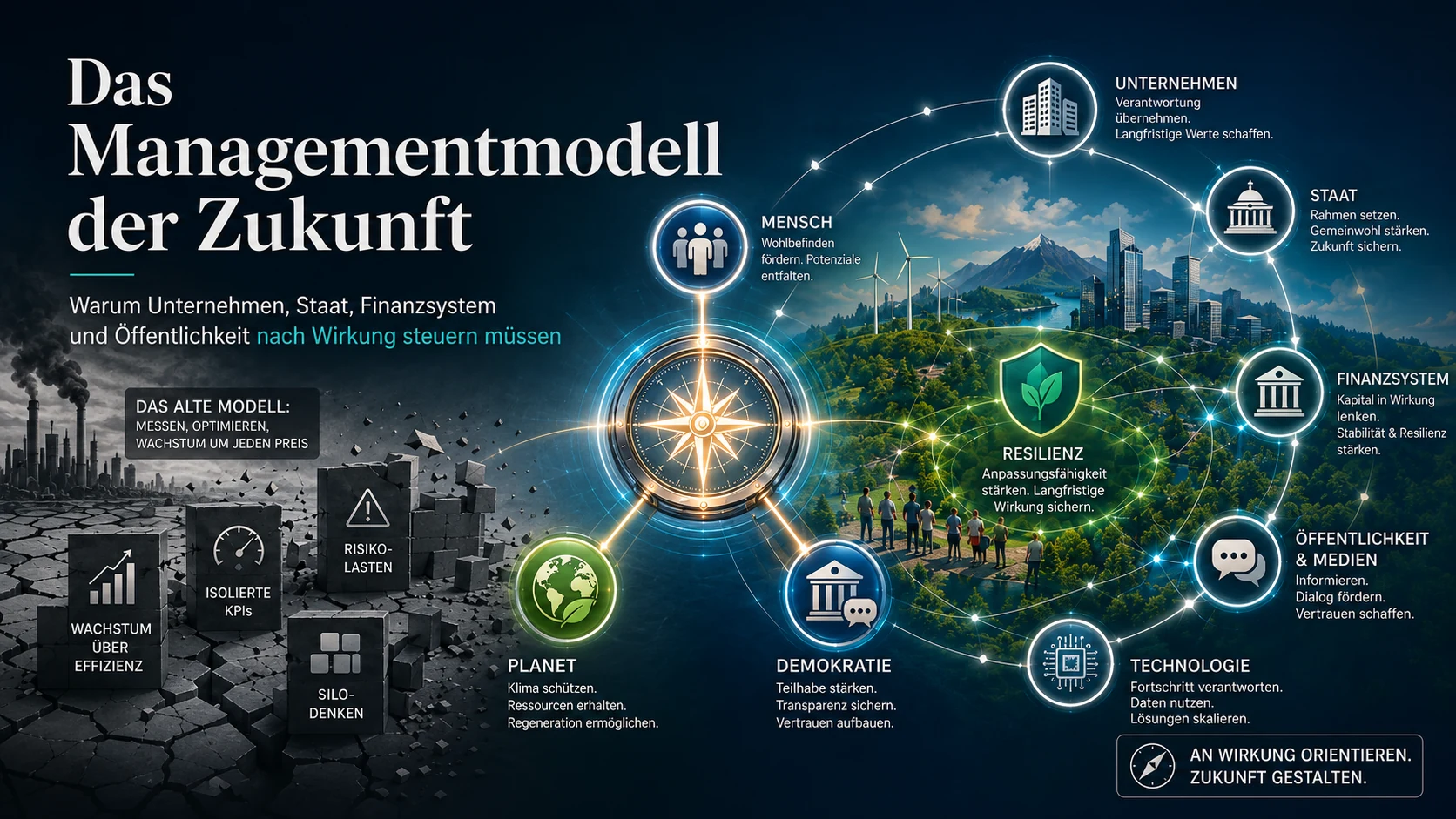 Das Managementmodell der Zukunft mit Wirkungskompass und den Wirkungsräumen Mensch, Planet, Demokratie, Unternehmen, Staat, Finanzsystem, Öffentlichkeit und Technologie.