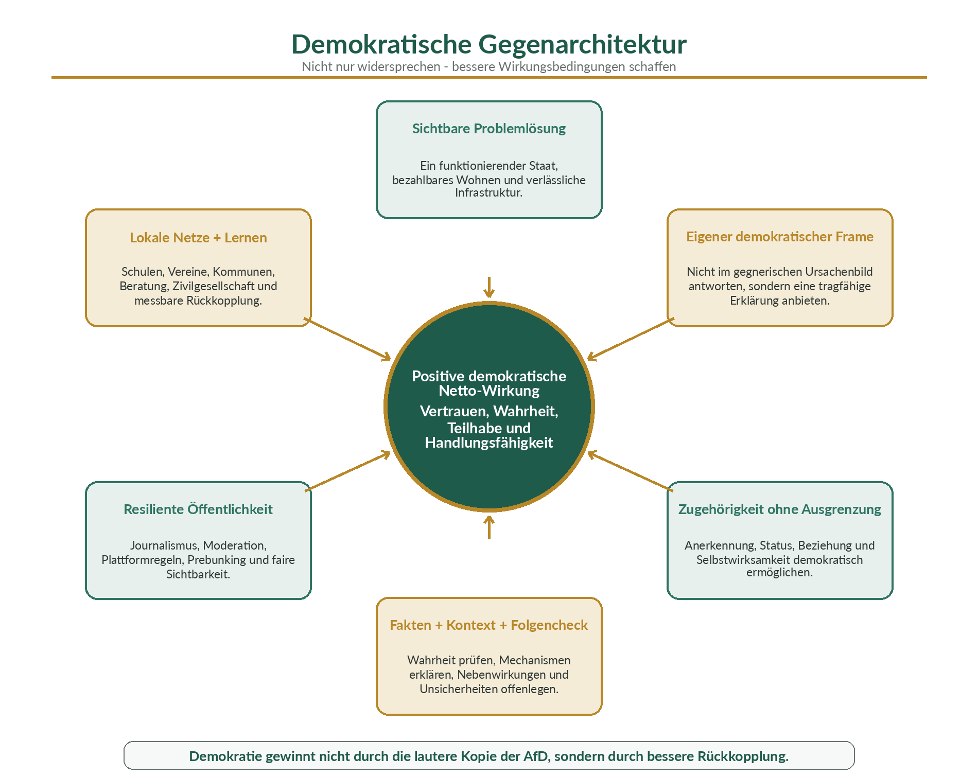 Sechs miteinander verbundene Hebel für positive demokratische Netto-Wirkung.