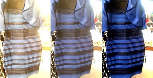 Drei Wahrnehmungsvarianten desselben Kleids: Weiß-Gold und Blau-Schwarz.