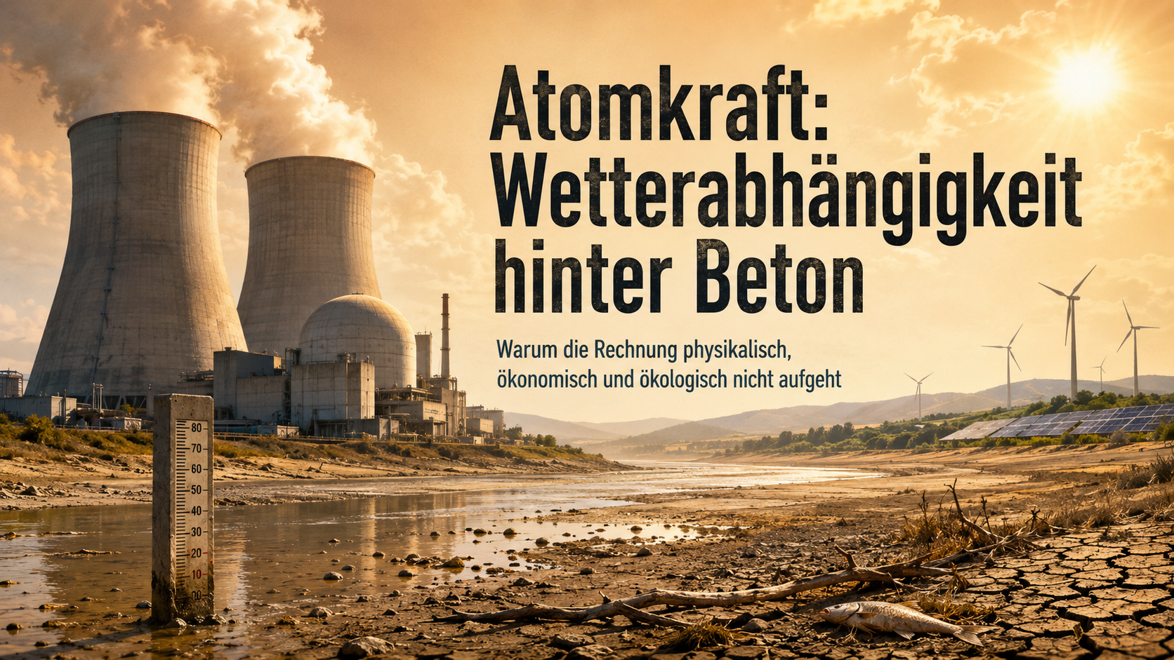 Kernkraftwerk mit Kühltürmen an einem ausgetrockneten Flussbett; im Hintergrund Wind- und Solaranlagen.