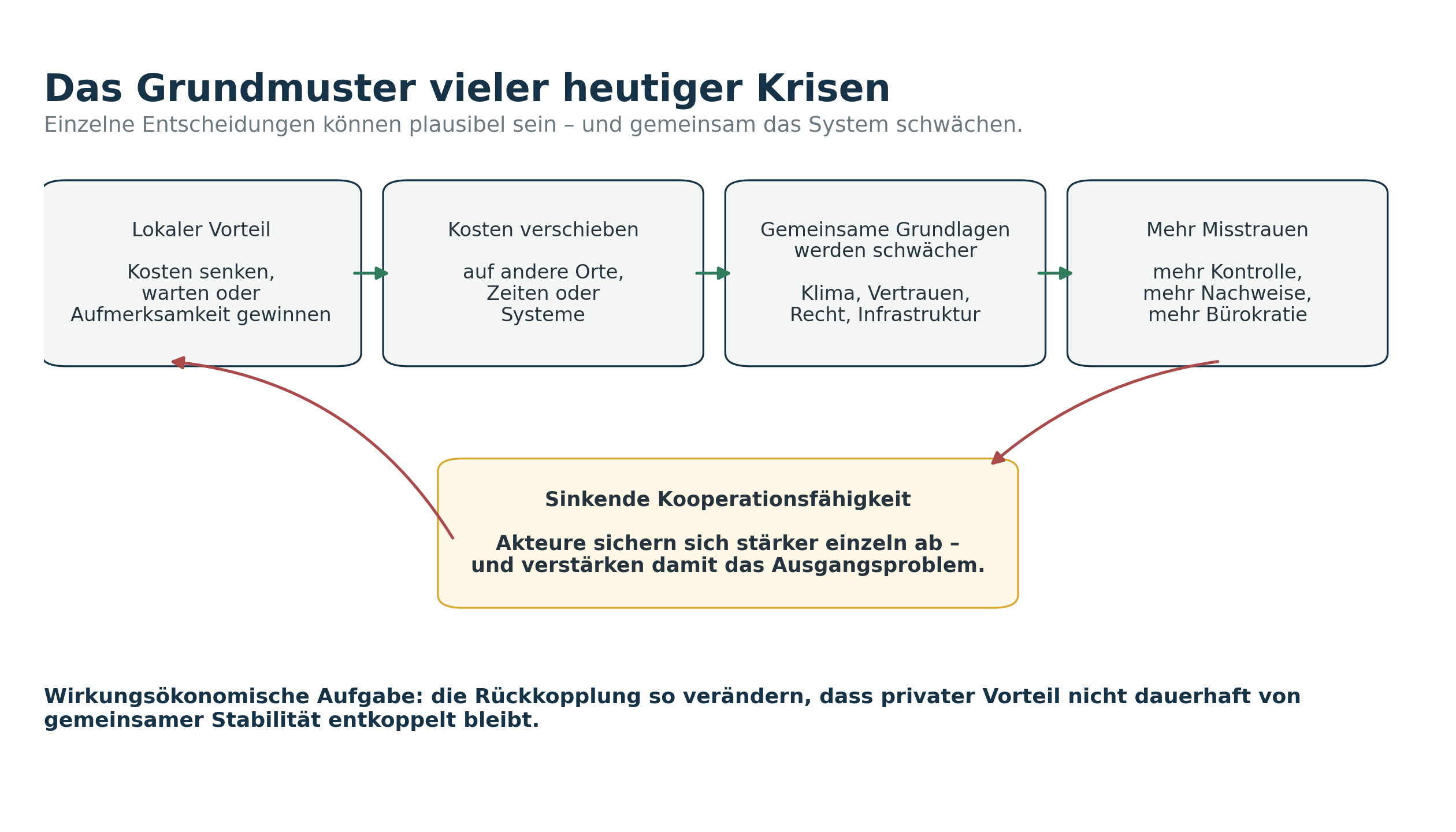 Abbildung 1: Lokal plausible Entscheidungen können über Kostenverlagerung, Systemschwächung und Misstrauen eine negative Rückkopplung erzeugen.