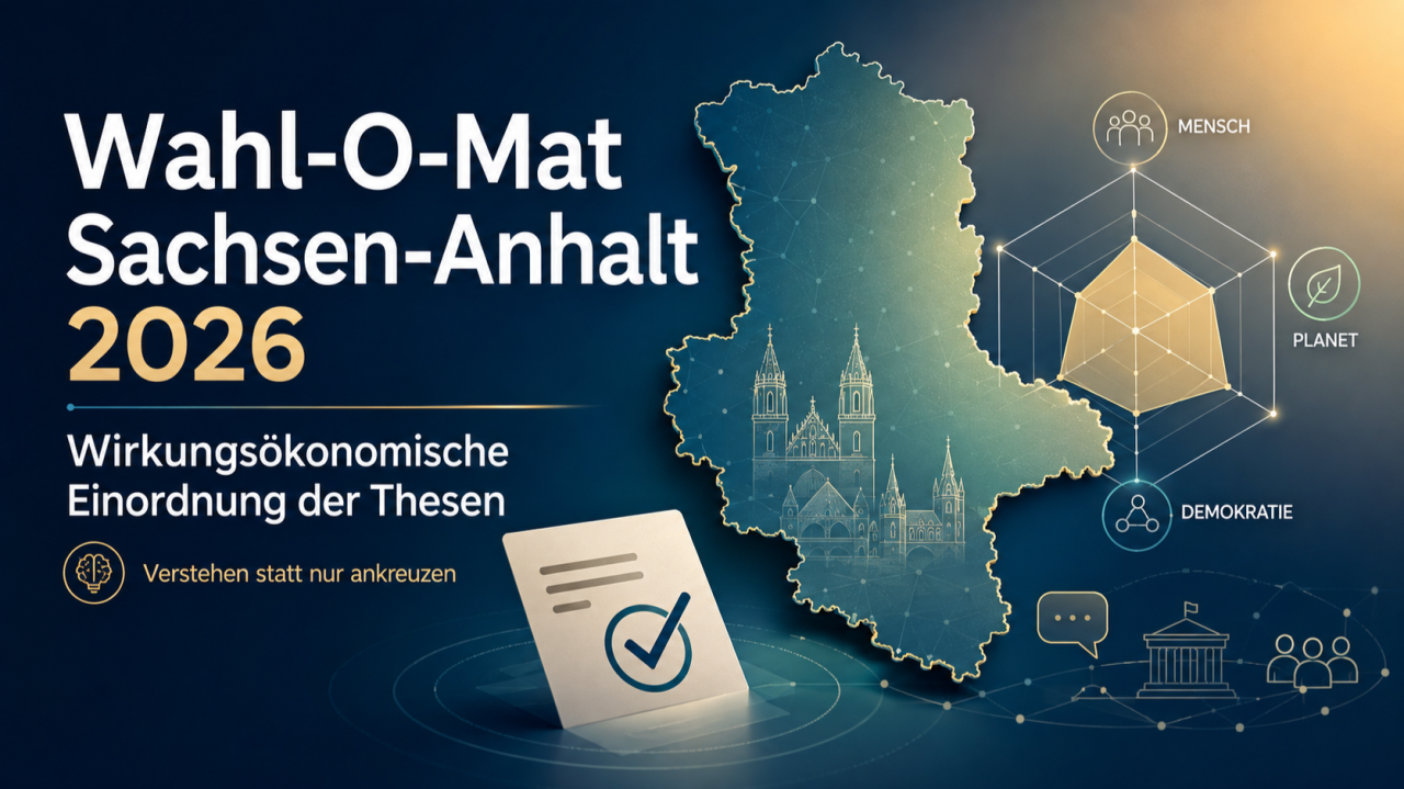 Karte von Sachsen-Anhalt mit Wahlzettel und Wirkungsrad für Mensch, Planet und Demokratie.