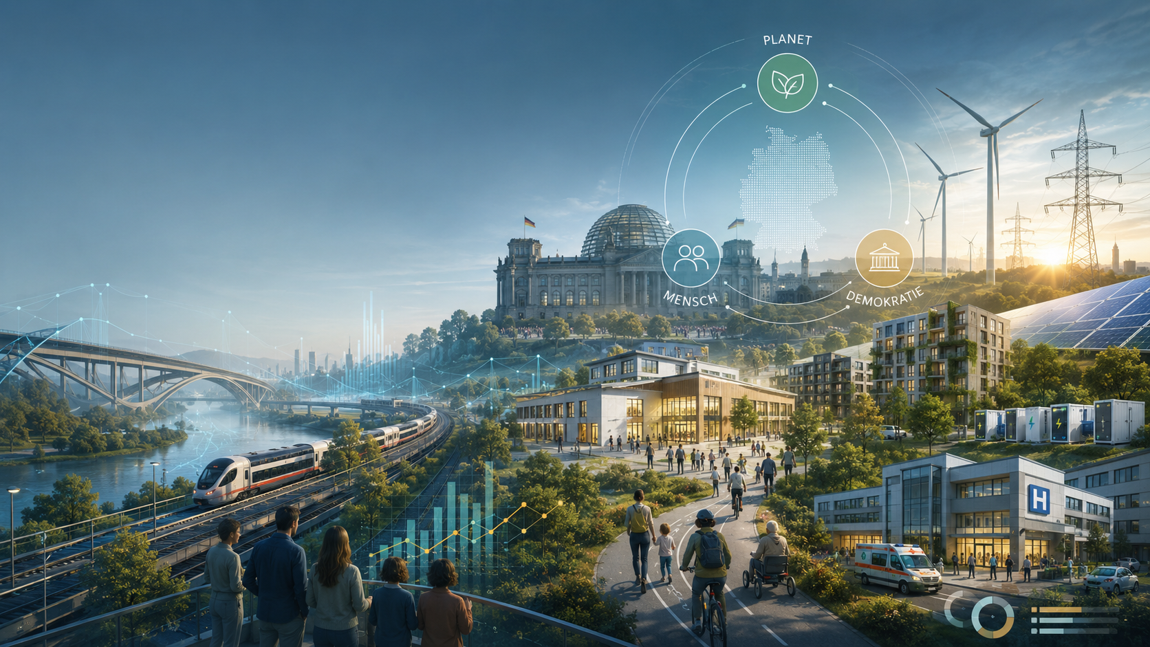 Deutschlandkarte über dem Reichstagsgebäude, verbunden mit Bahn, erneuerbarer Energie, Gesundheitsversorgung und den Dimensionen Mensch, Planet und Demokratie.