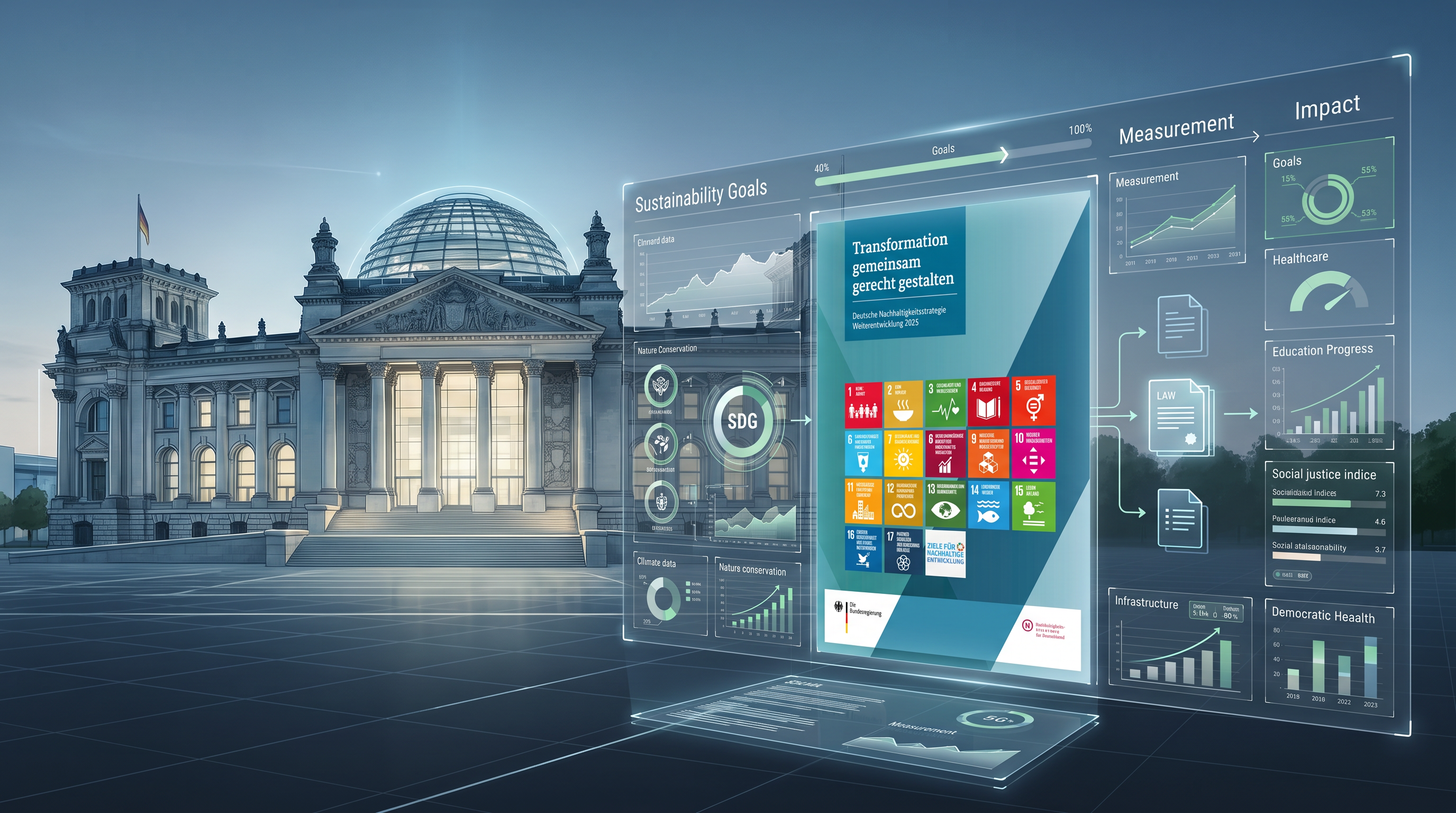 Reichstagsgebäude neben der Deutschen Nachhaltigkeitsstrategie und einem digitalen Wirkungsdashboard von Zielen über Messung bis zur Wirkung.