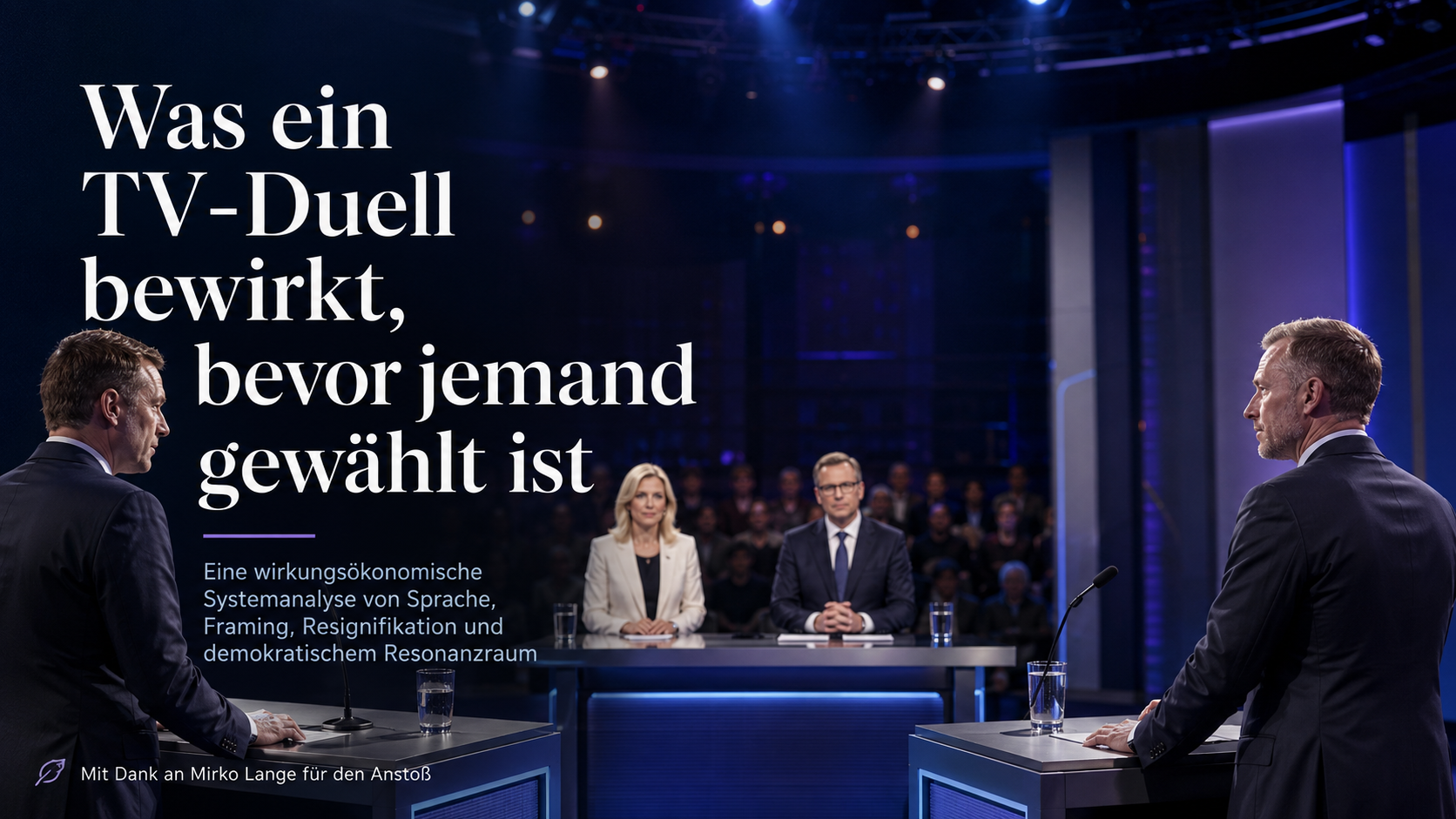 TV-Duell mit zwei Kandidaten, Moderation und Publikum; Titel: Was ein TV-Duell bewirkt, bevor jemand gewählt ist.