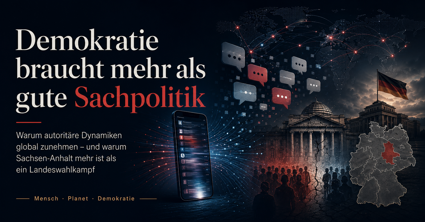 Dunkle Illustration mit digitalem Kommunikationsnetz, Reichstagsgebäude und Karte von Sachsen-Anhalt; Titel: Demokratie braucht mehr als gute Sachpolitik.