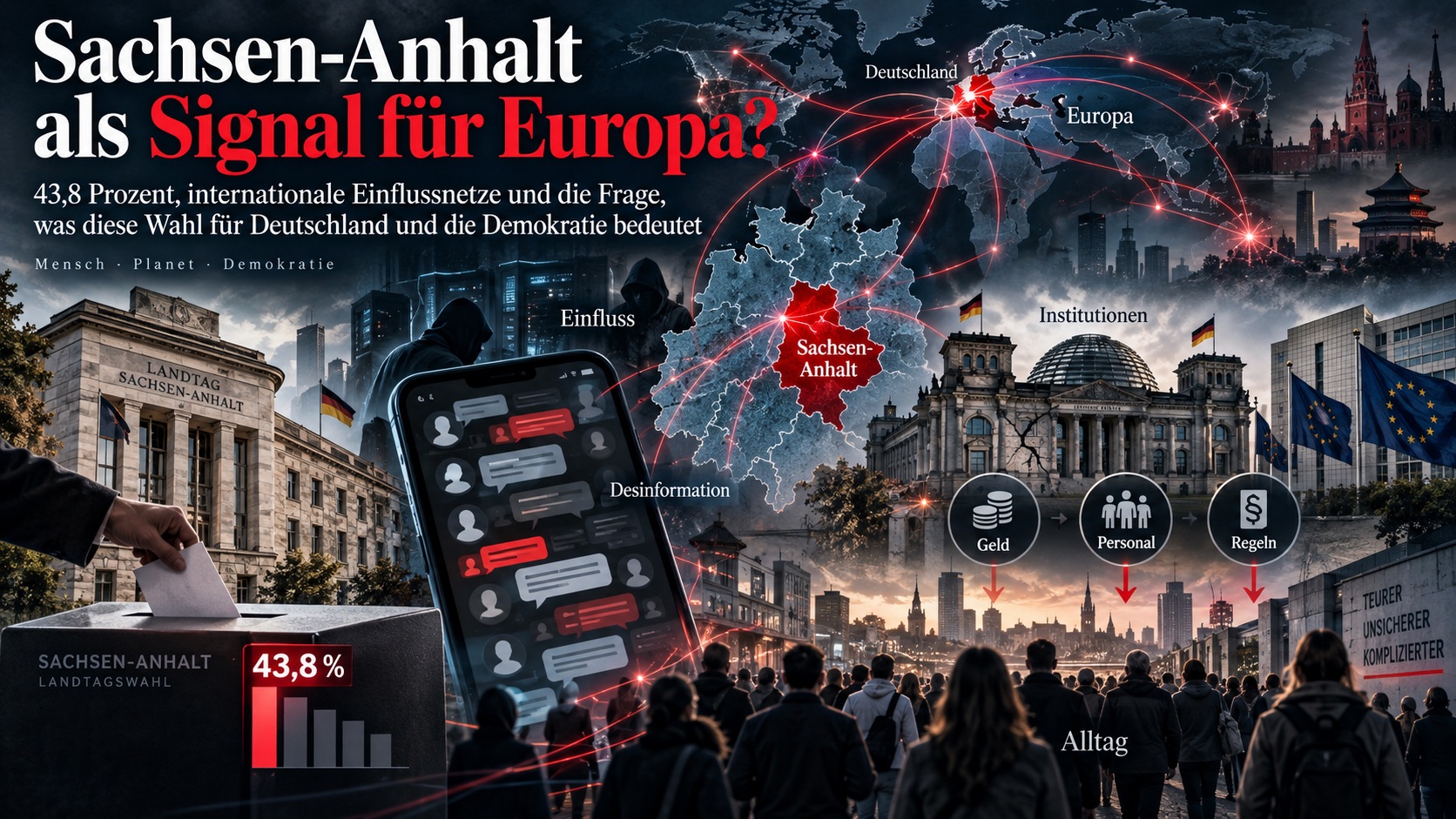 Illustrative Collage: Sachsen-Anhalt als Signal für Europa? Wahlergebnis mit 43,8 Prozent, internationale Kommunikationsnetze und demokratische Institutionen.