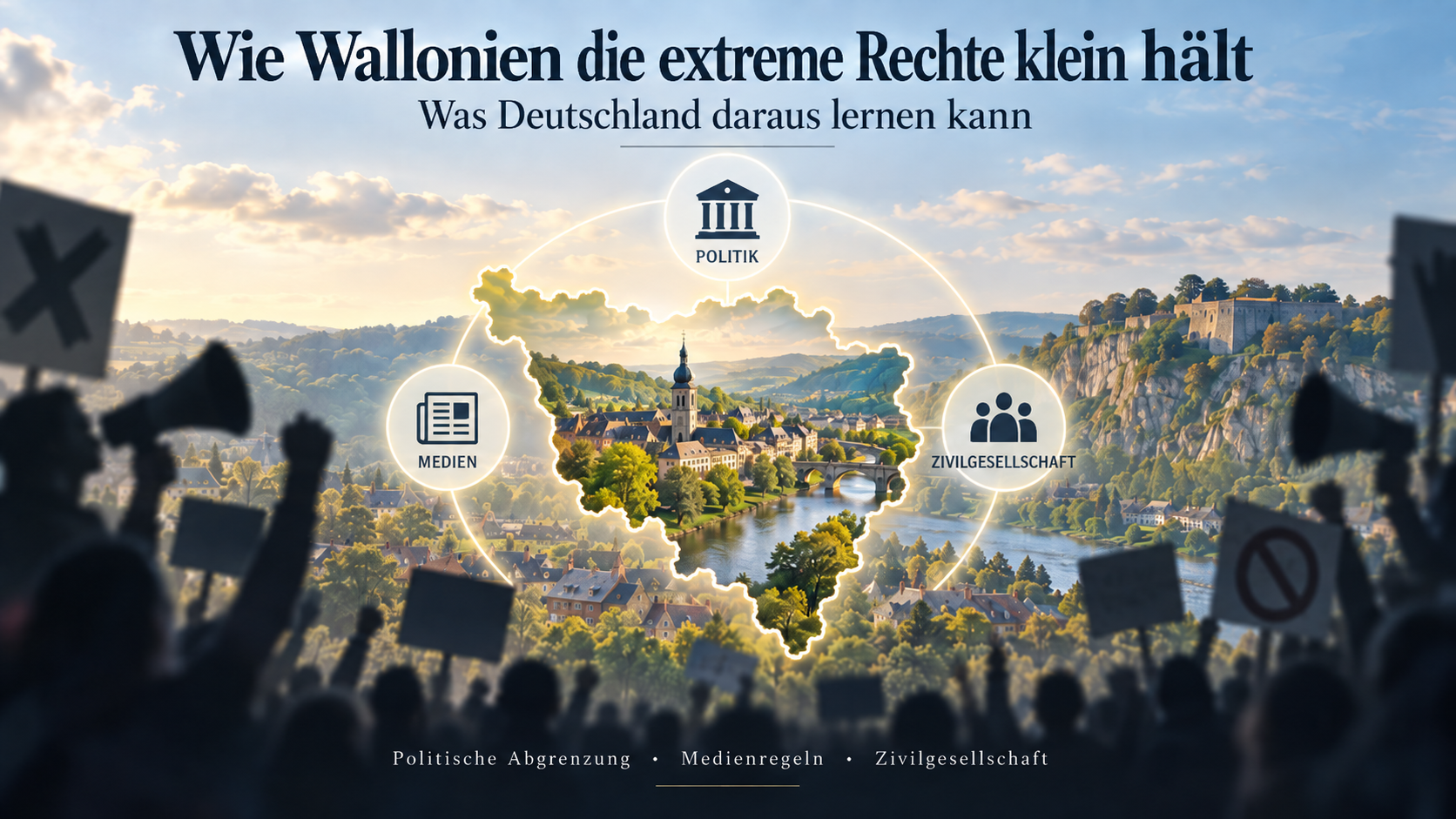 Illustration einer wallonischen Landschaft mit den Schutzbereichen Politik, Medien und Zivilgesellschaft; im Vordergrund Demonstrierende.