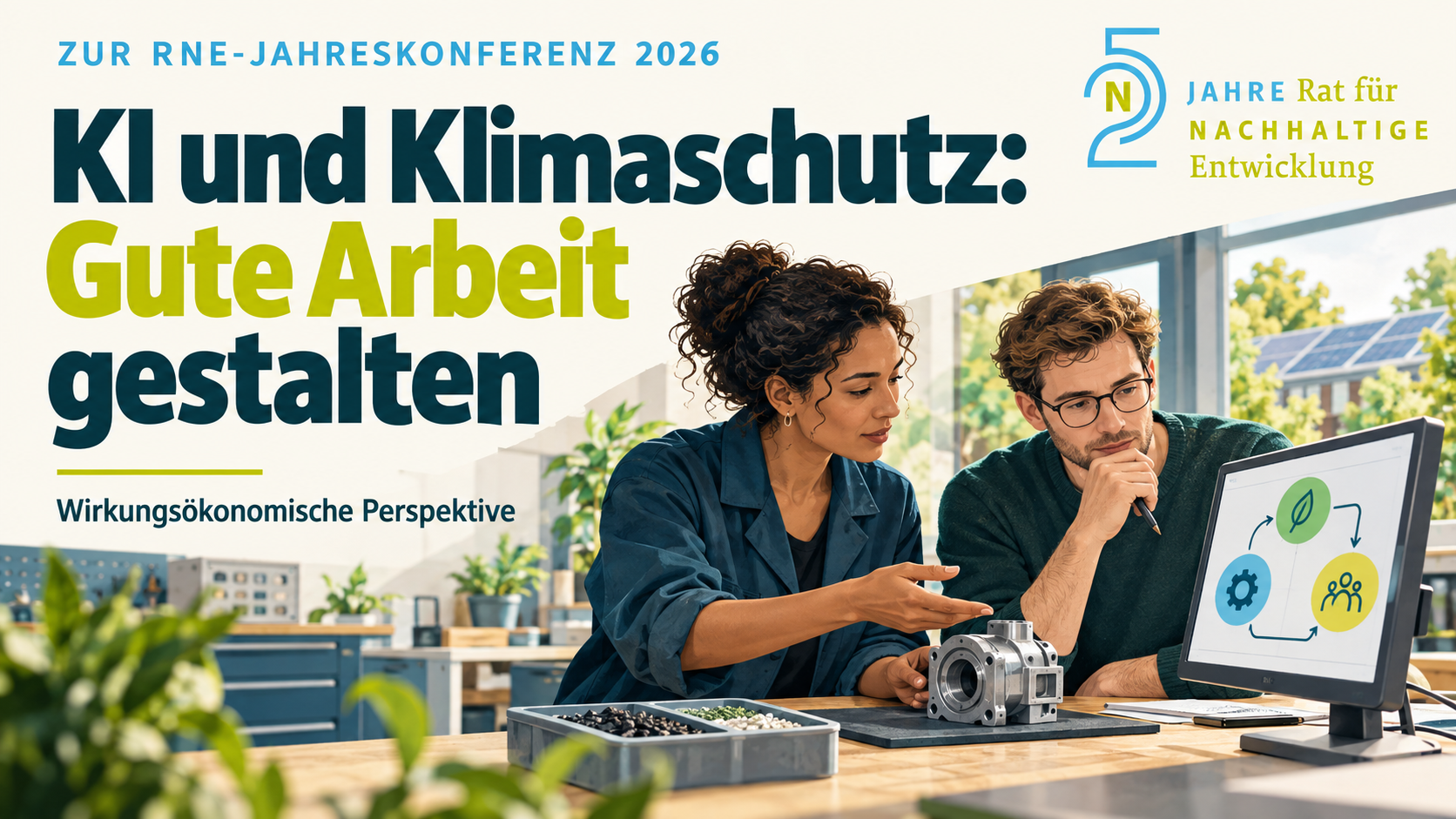KI-generierte Titelillustration: KI und Klimaschutz - Gute Arbeit gestalten. Zwei Menschen arbeiten gemeinsam an einem technischen Bauteil; ein Bildschirm zeigt Kreisläufe zwischen Technik, Umwelt und Menschen.