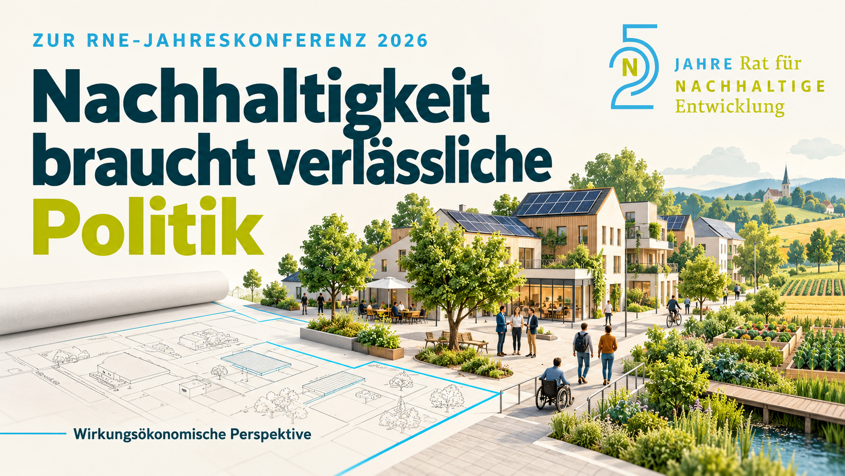KI-generierte Titelillustration: Nachhaltigkeit braucht verlässliche Politik. Ein Quartier mit Solardächern, Grünflächen und barrierefreien Wegen wächst aus einem Bauplan.