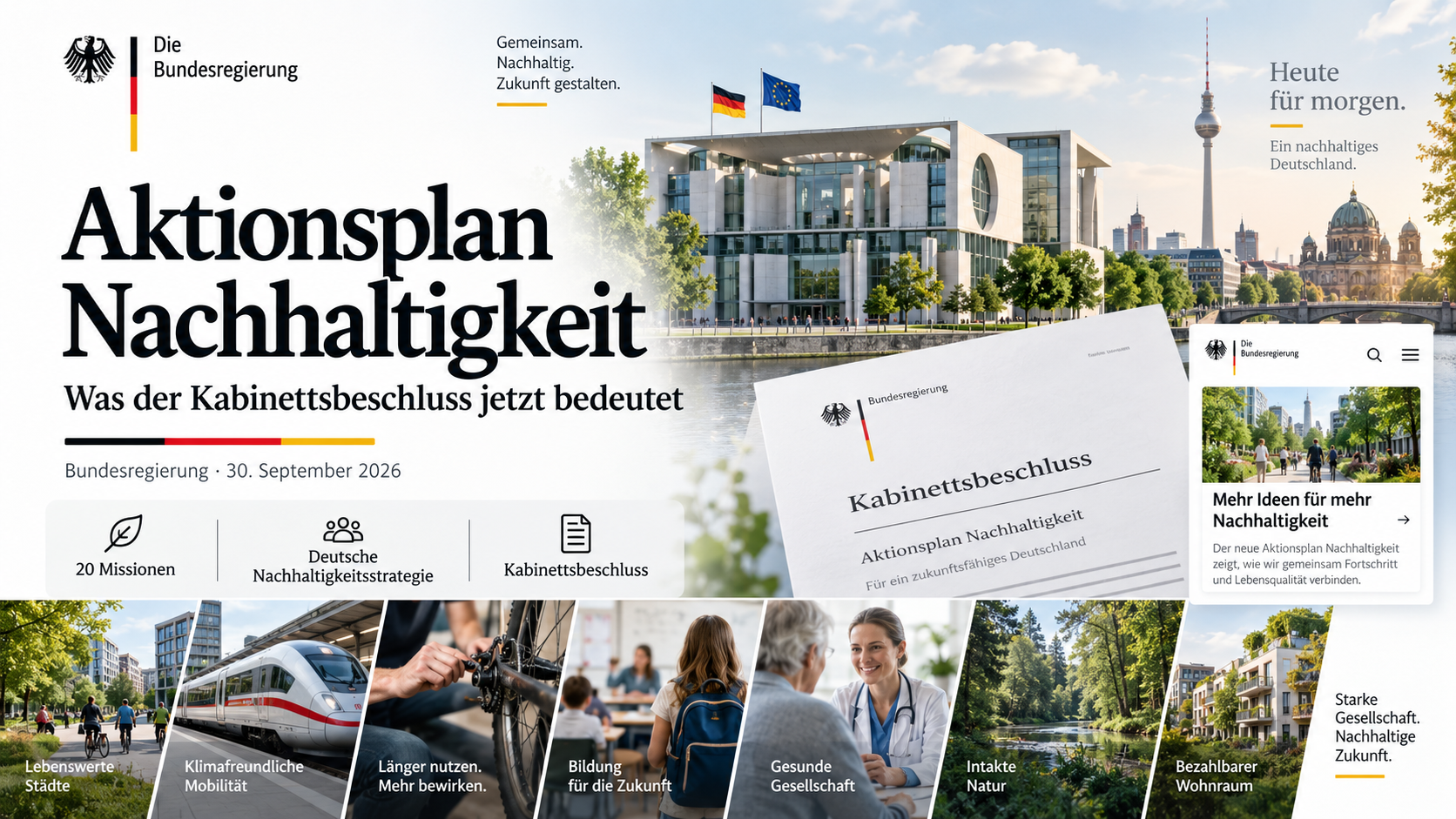 KI-generierte redaktionelle Titelillustration zum Aktionsplan Nachhaltigkeit mit Kanzleramt und Motiven zu Wohnen, Mobilität, Bildung, Gesundheit und Natur. Keine amtliche Veröffentlichung der Bundesregierung.